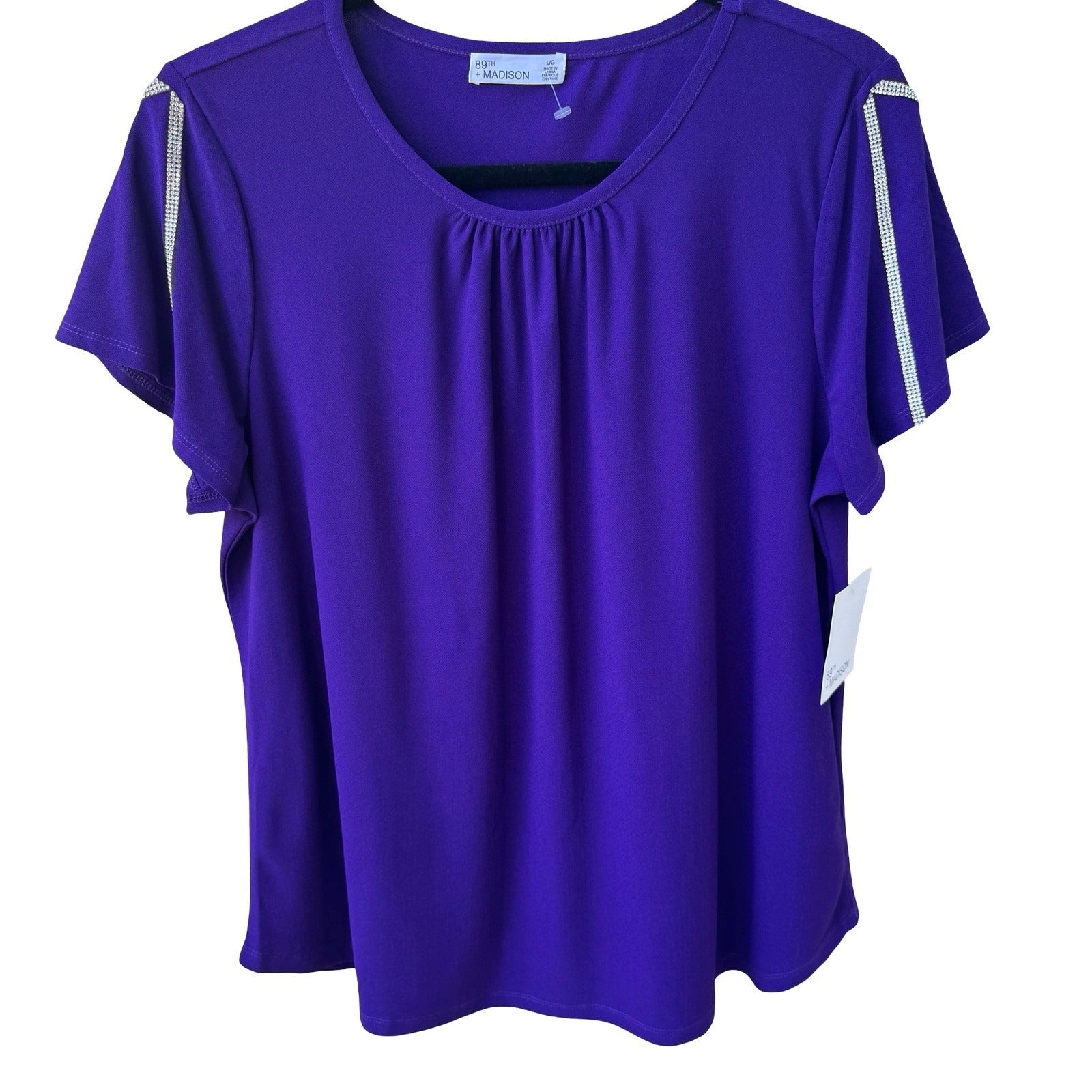 89th + Madison Glam Party Rhinestone Trim Sleeve Jewel Tone Purple Blouse L NEW