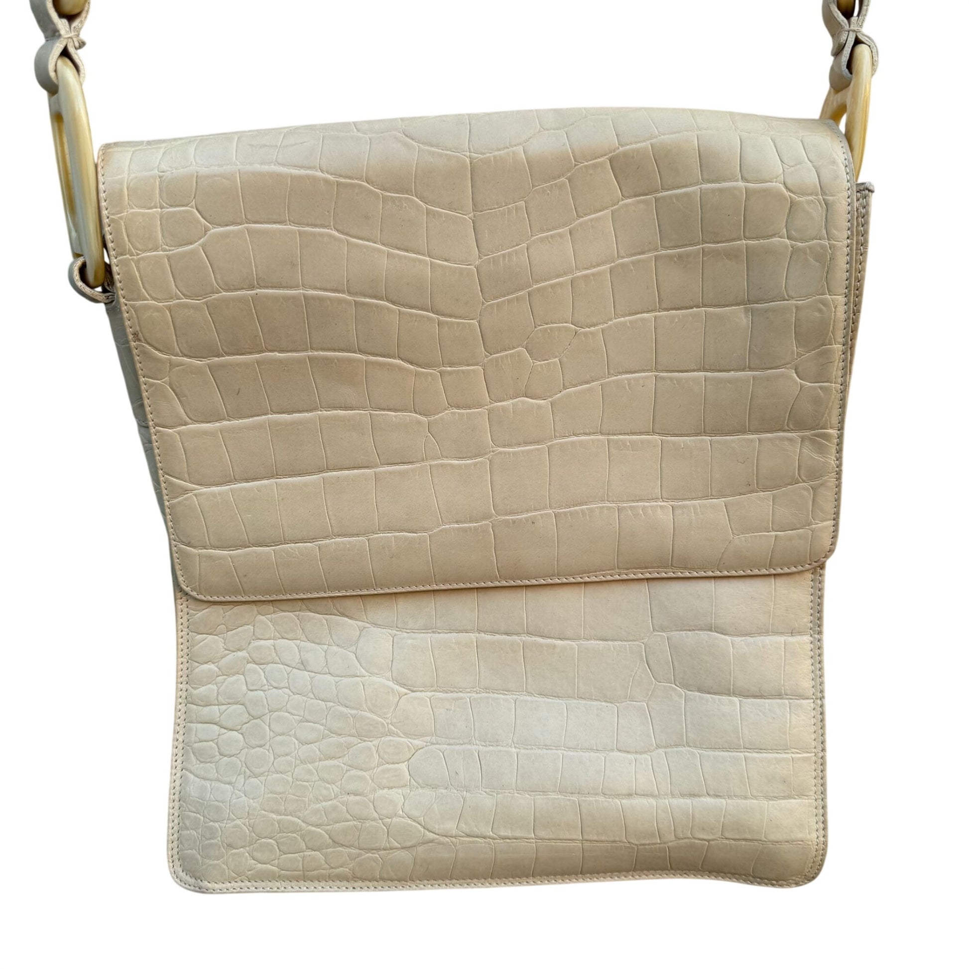 Maraolo Vintage Tan Croc-Embossed Genuine Leather Shoulder Bag Chunky Link Strap