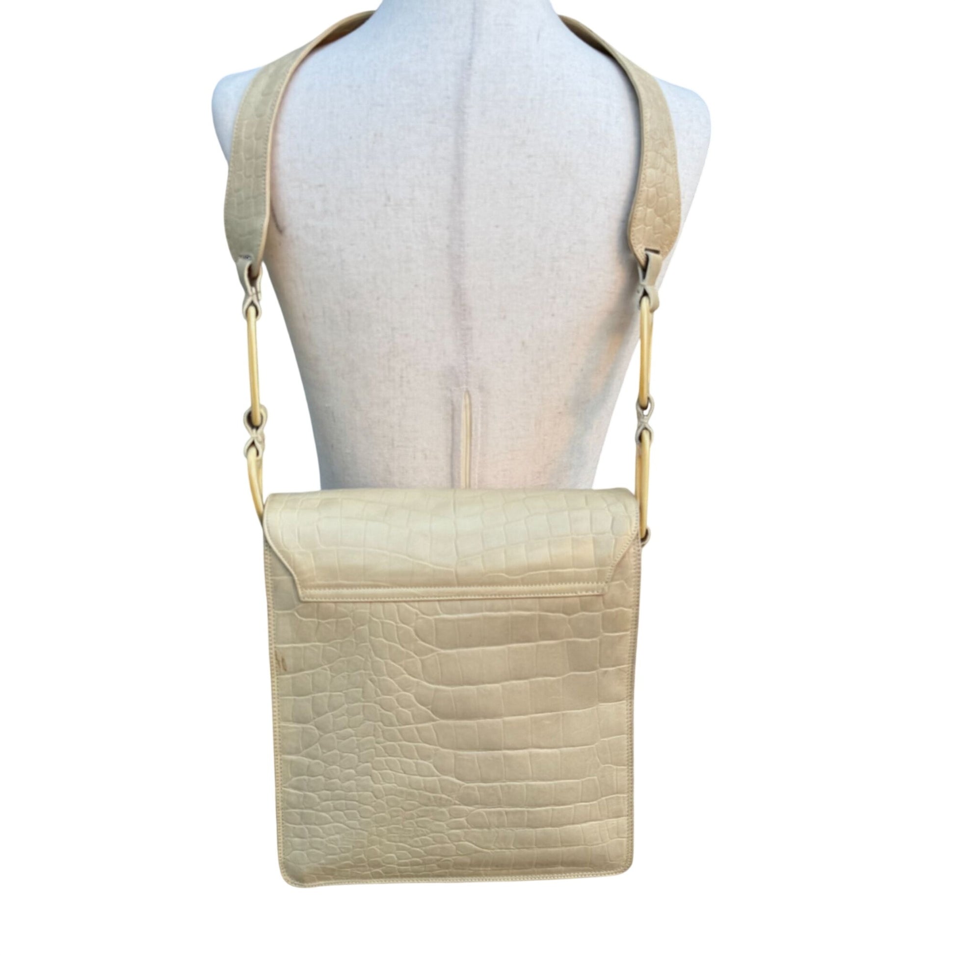 Maraolo Vintage Tan Croc-Embossed Genuine Leather Shoulder Bag Chunky Link Strap