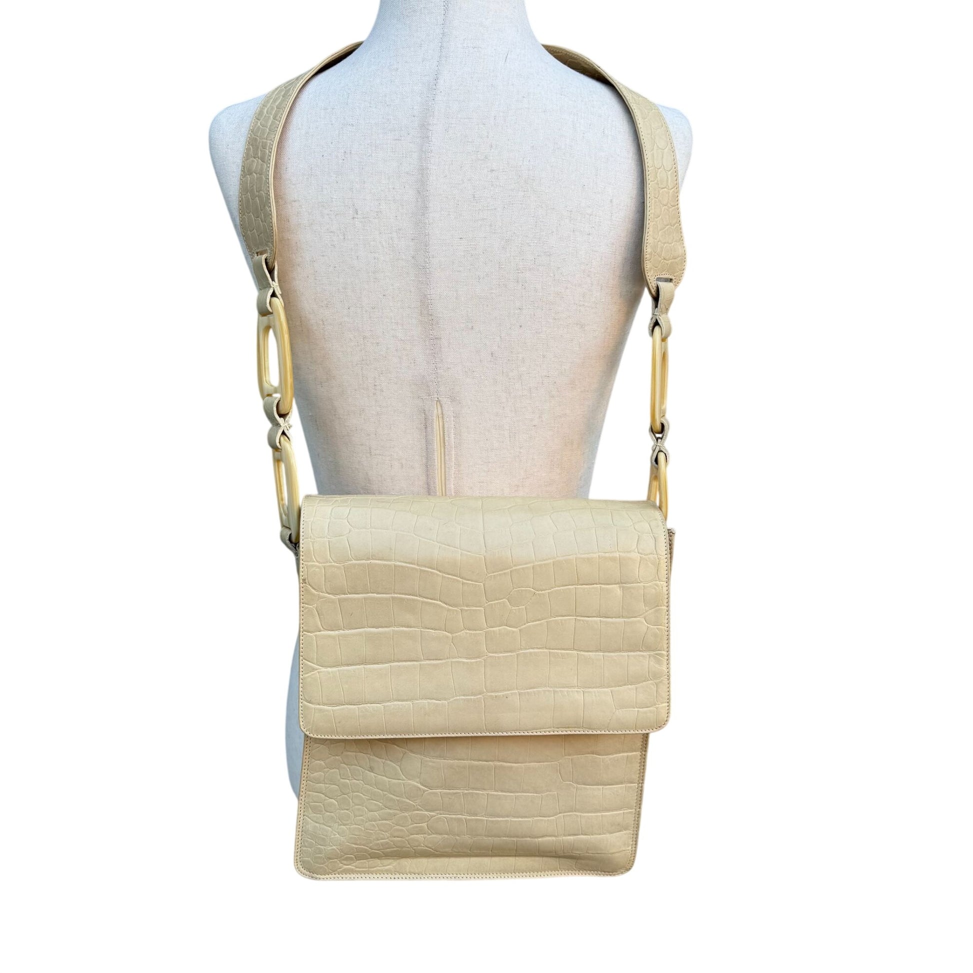 Maraolo Vintage Tan Croc-Embossed Genuine Leather Shoulder Bag Chunky Link Strap
