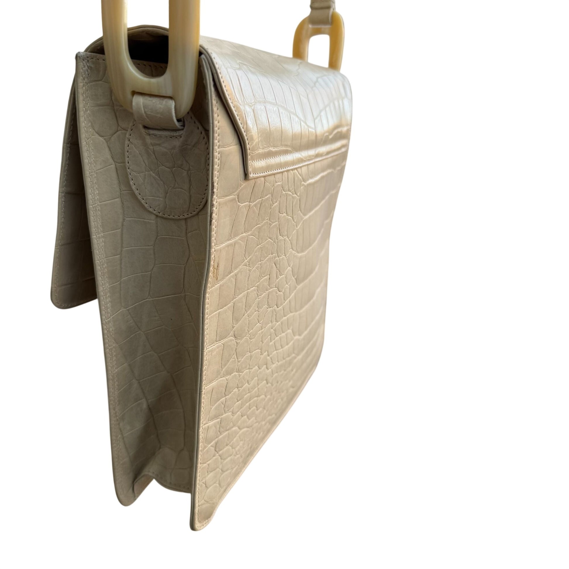 Maraolo Vintage Tan Croc-Embossed Genuine Leather Shoulder Bag Chunky Link Strap