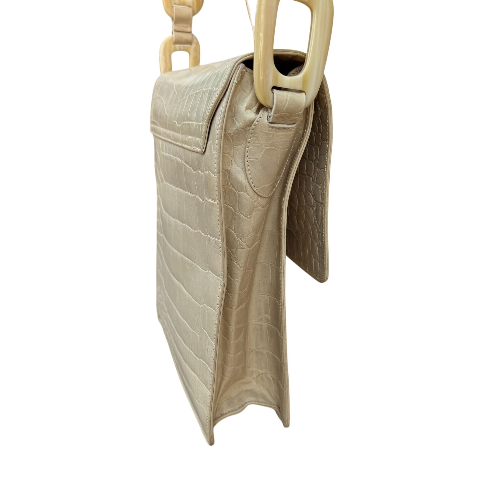 Maraolo Vintage Tan Croc-Embossed Genuine Leather Shoulder Bag Chunky Link Strap