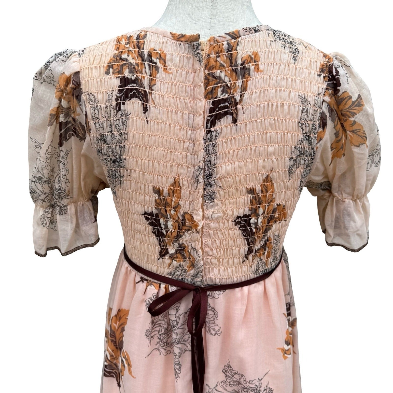 Vintage 60s 70s Smocked Empire Waist Maxi Peasant Dress Peach Floral Puff Sleeve