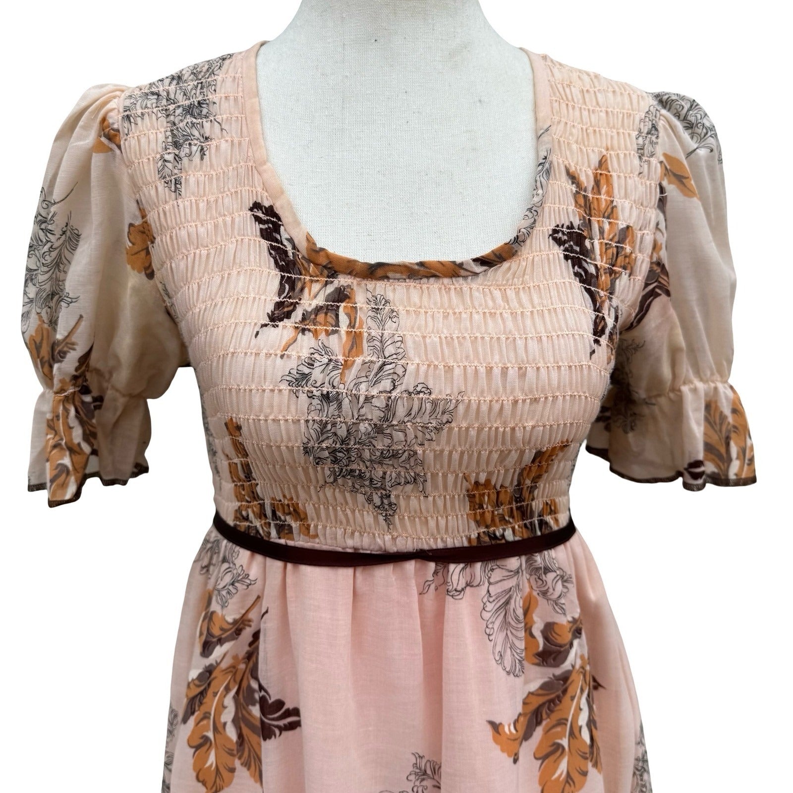 Vintage 60s 70s Smocked Empire Waist Maxi Peasant Dress Peach Floral Puff Sleeve
