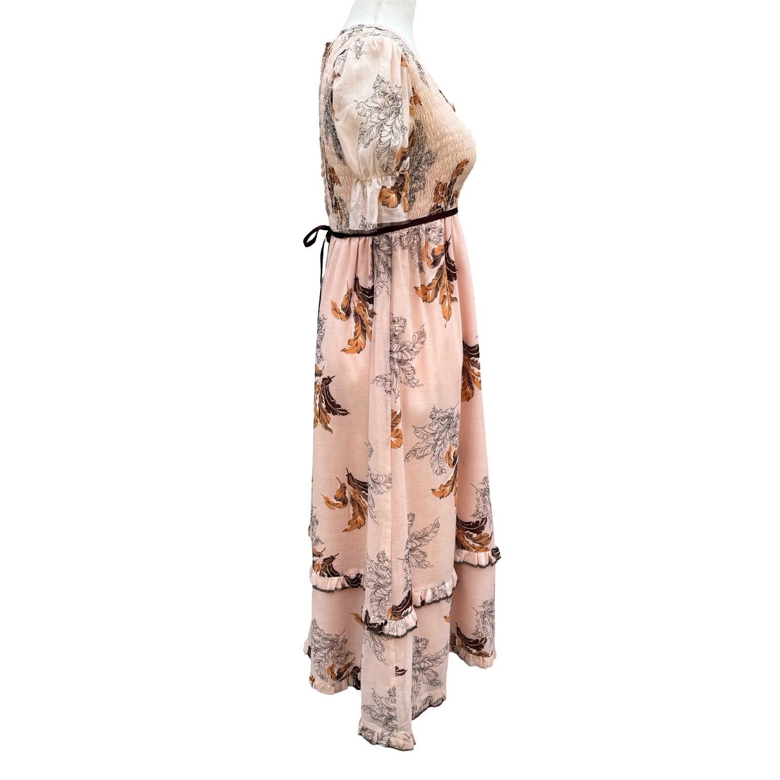 Vintage 60s 70s Smocked Empire Waist Maxi Peasant Dress Peach Floral Puff Sleeve