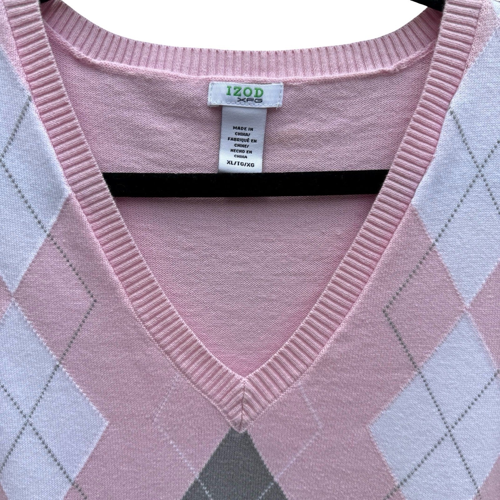 IZOD XFG Mens XL Pink Argyle Cotton V-Neck Sweater Vest Sleeveless Knit Preppy