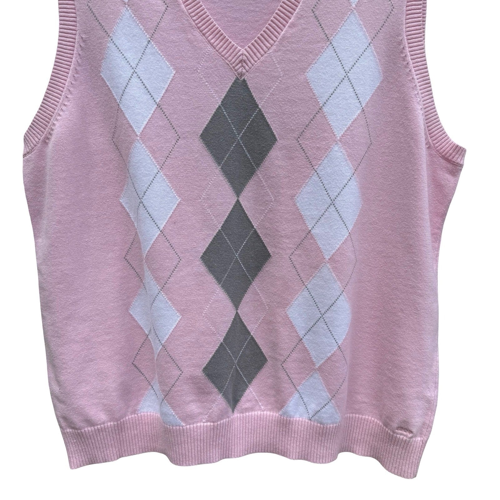 IZOD XFG Mens XL Pink Argyle Cotton V-Neck Sweater Vest Sleeveless Knit Preppy