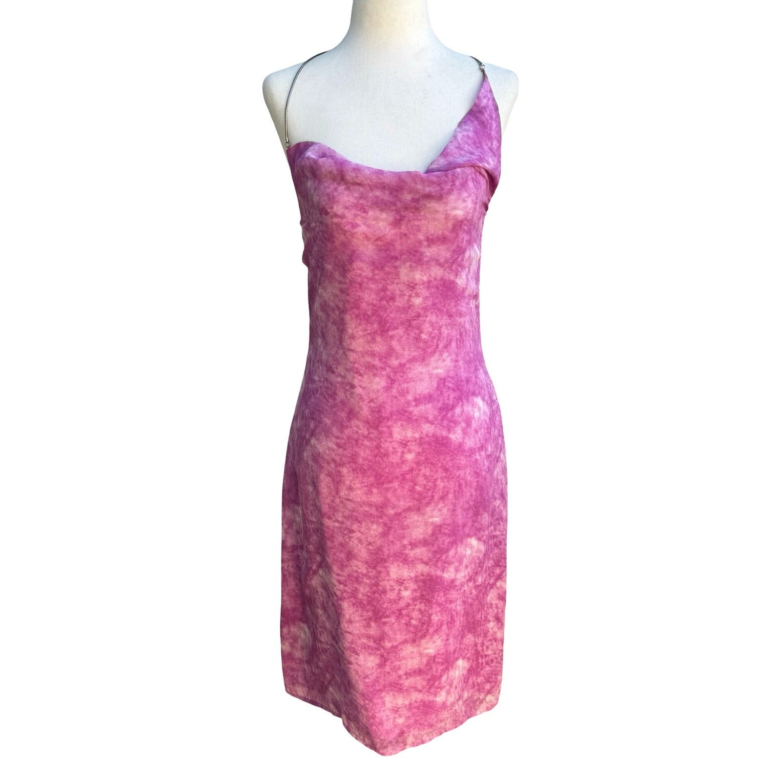 Sheri Bodell Y2K Silk Pink Tie Dye Ethereal Mermaid Halter Chain Midi Dress S