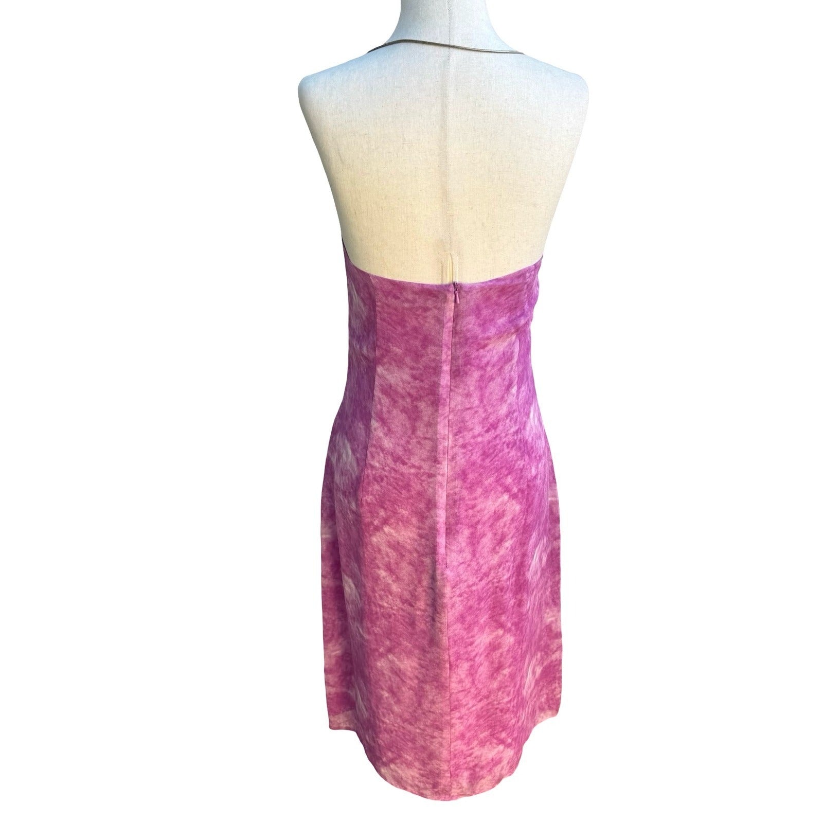 Sheri Bodell Y2K Silk Pink Tie Dye Ethereal Mermaid Halter Chain Midi Dress S