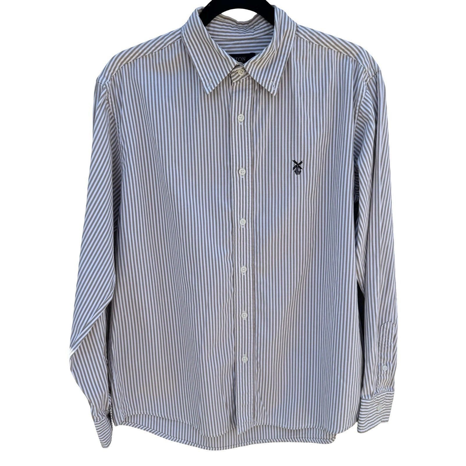 NOTON Mens Khaki White Striped Cotton Button Down Shirt Windmill Logo Size M