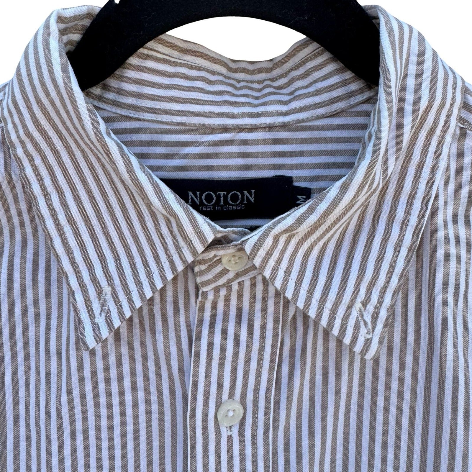 NOTON Mens Khaki White Striped Cotton Button Down Shirt Windmill Logo Size M
