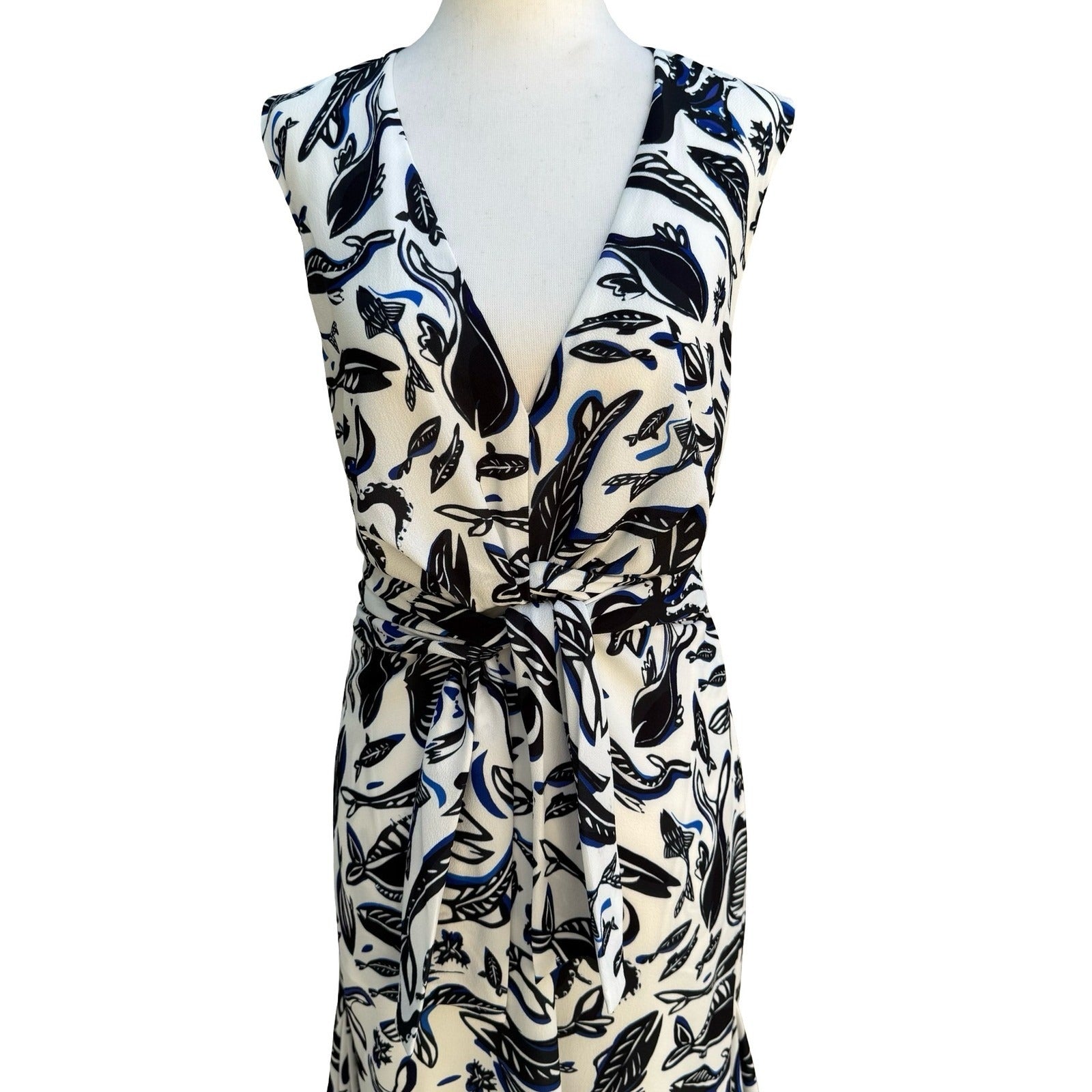 Adolfo Dominguez Fish Print Wrap Front Mermaid Maxi Dress Resortwear Coastal S