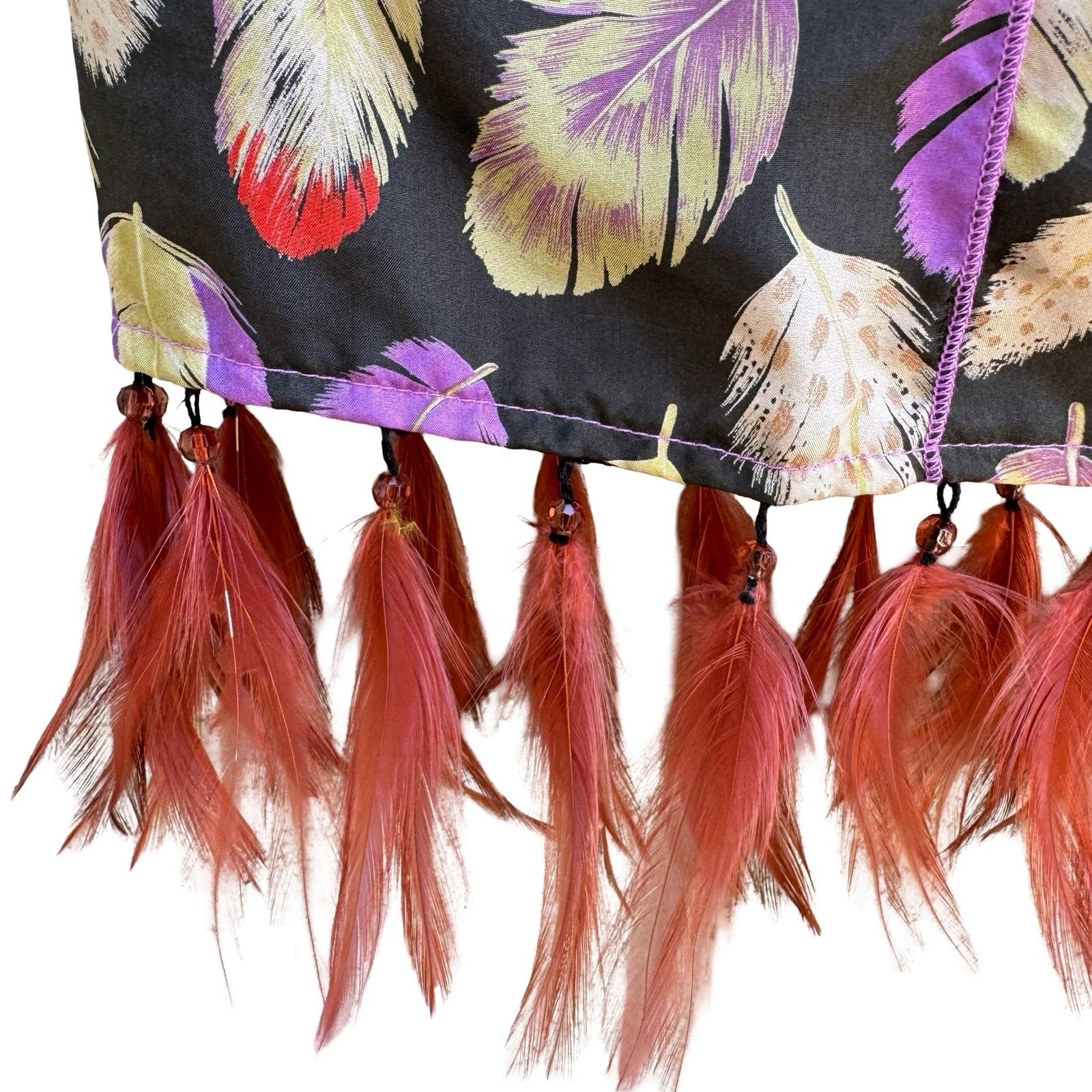 Poleci Y2K Silk Beaded Feather Print Hem Boho Festival Artsy Statement Skirt