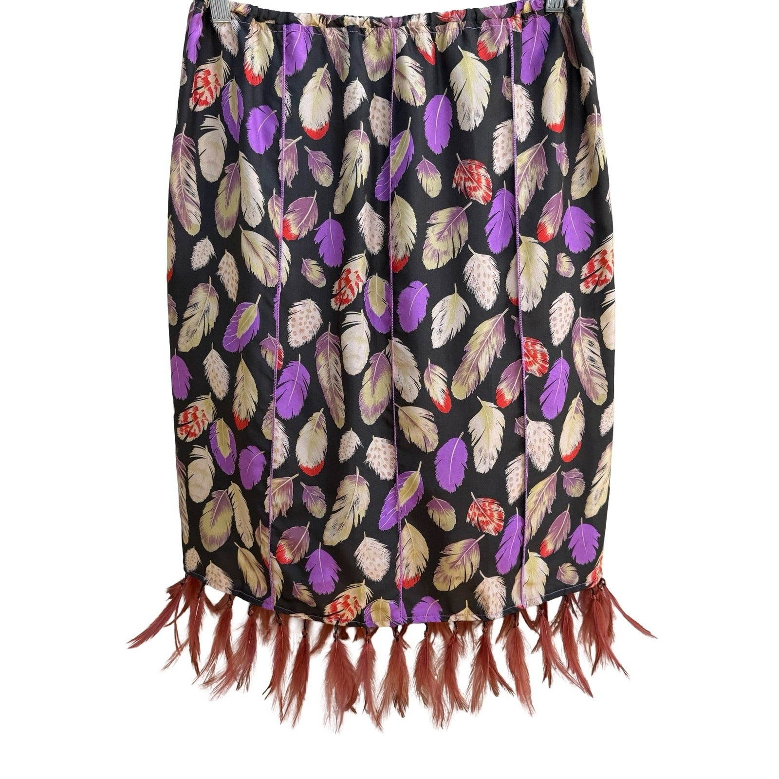Poleci Y2K Silk Beaded Feather Print Hem Boho Festival Artsy Statement Skirt