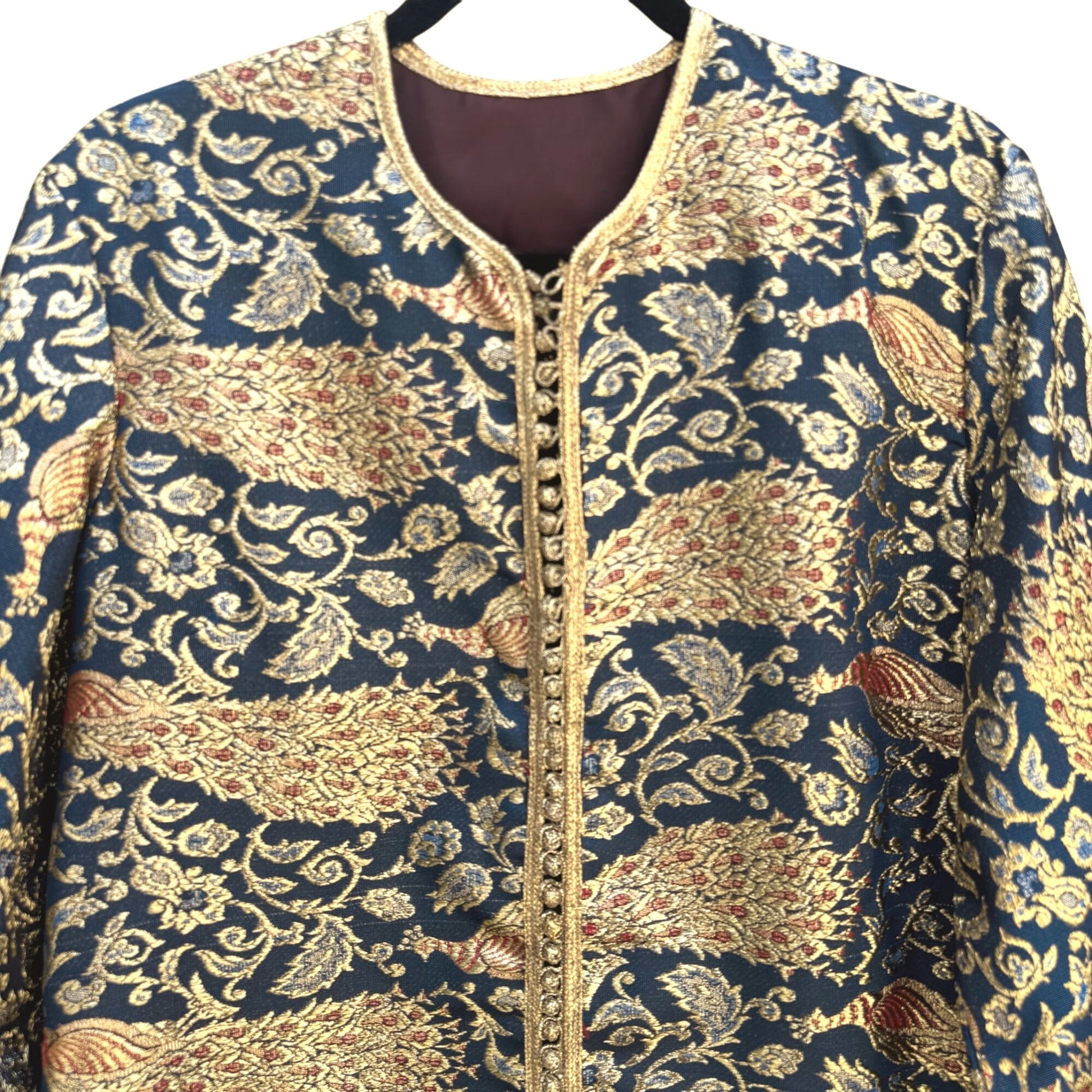 Vintage Handcrafted Gold Navy Brocade Peacock Embroidery Frog Closure Jacket