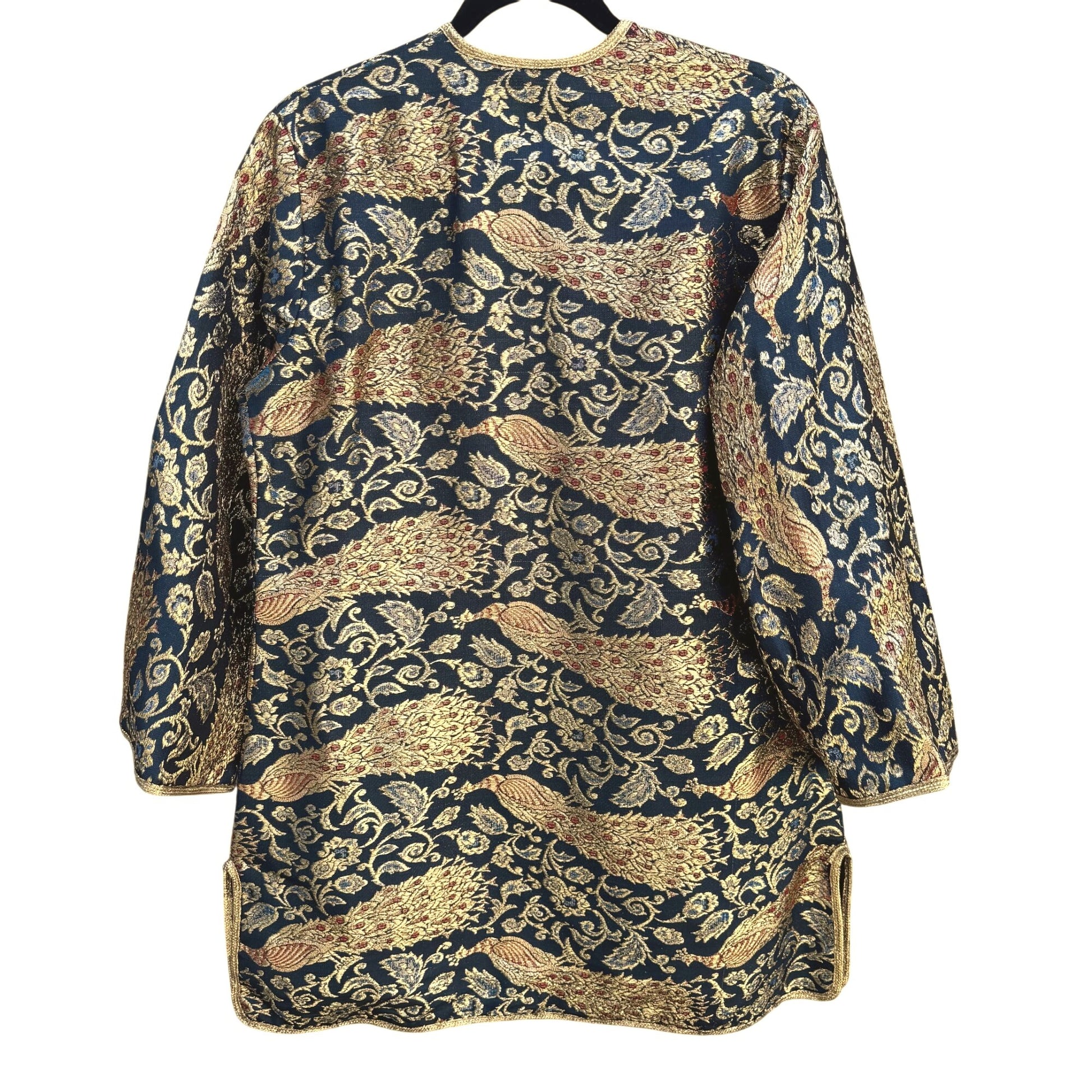 Vintage Handcrafted Gold Navy Brocade Peacock Embroidery Frog Closure Jacket