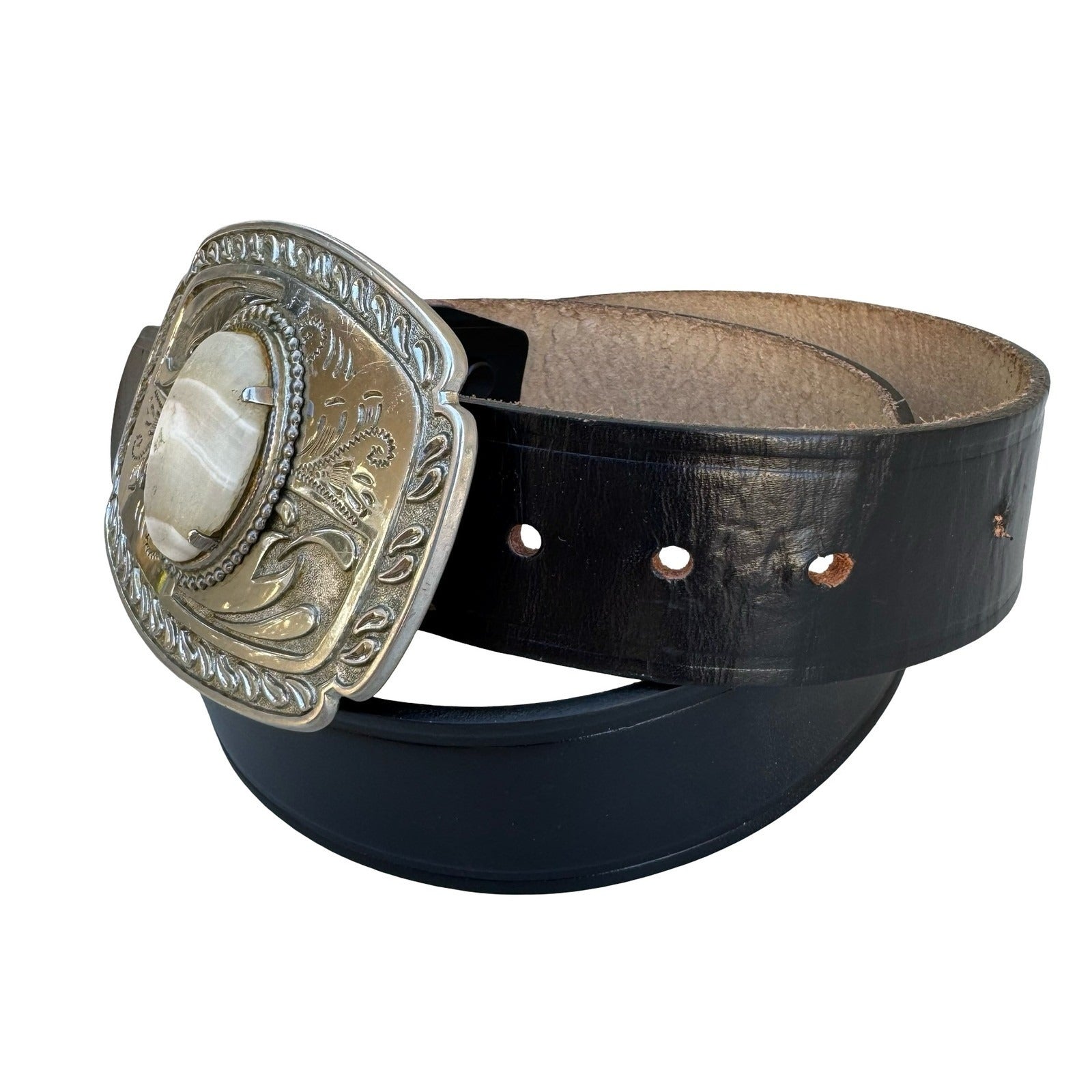 Dickies Mens Black Leather Western Belt Silver Engraved Stone Trophy Buckle 34