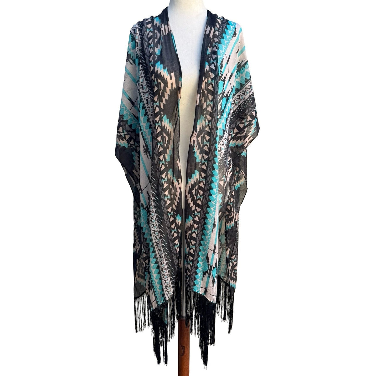 Boho Ethereal Hippie Tribal Geometric Fringe Festival Kimono Wrap Turquoise OS