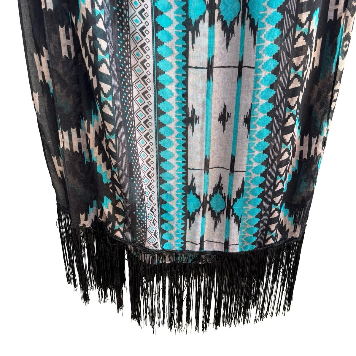Boho Ethereal Hippie Tribal Geometric Fringe Festival Kimono Wrap Turquoise OS