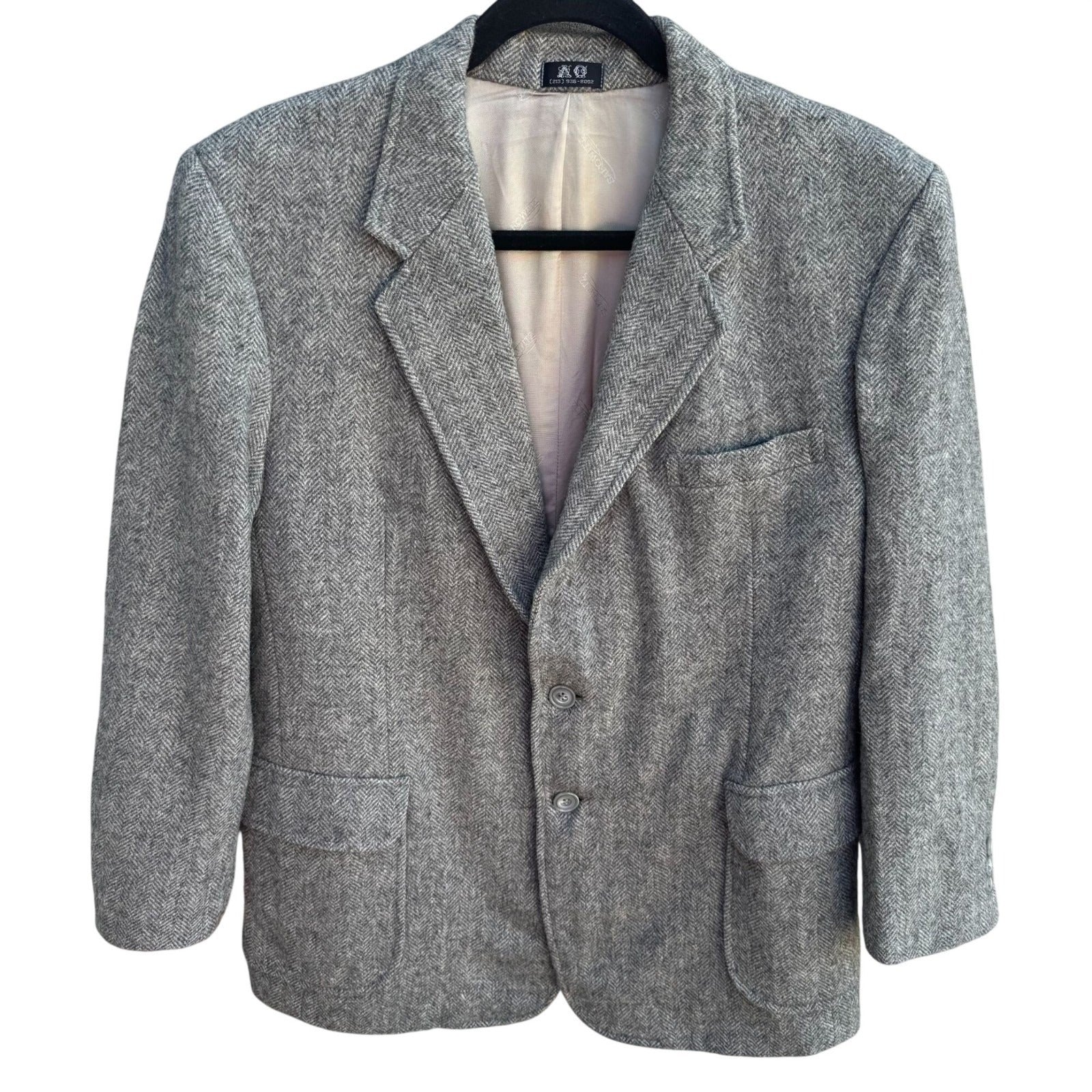 AO Custom Tailors Beverly Hills Mens Grey Herringbone Tweed Blazer 38S Vintage