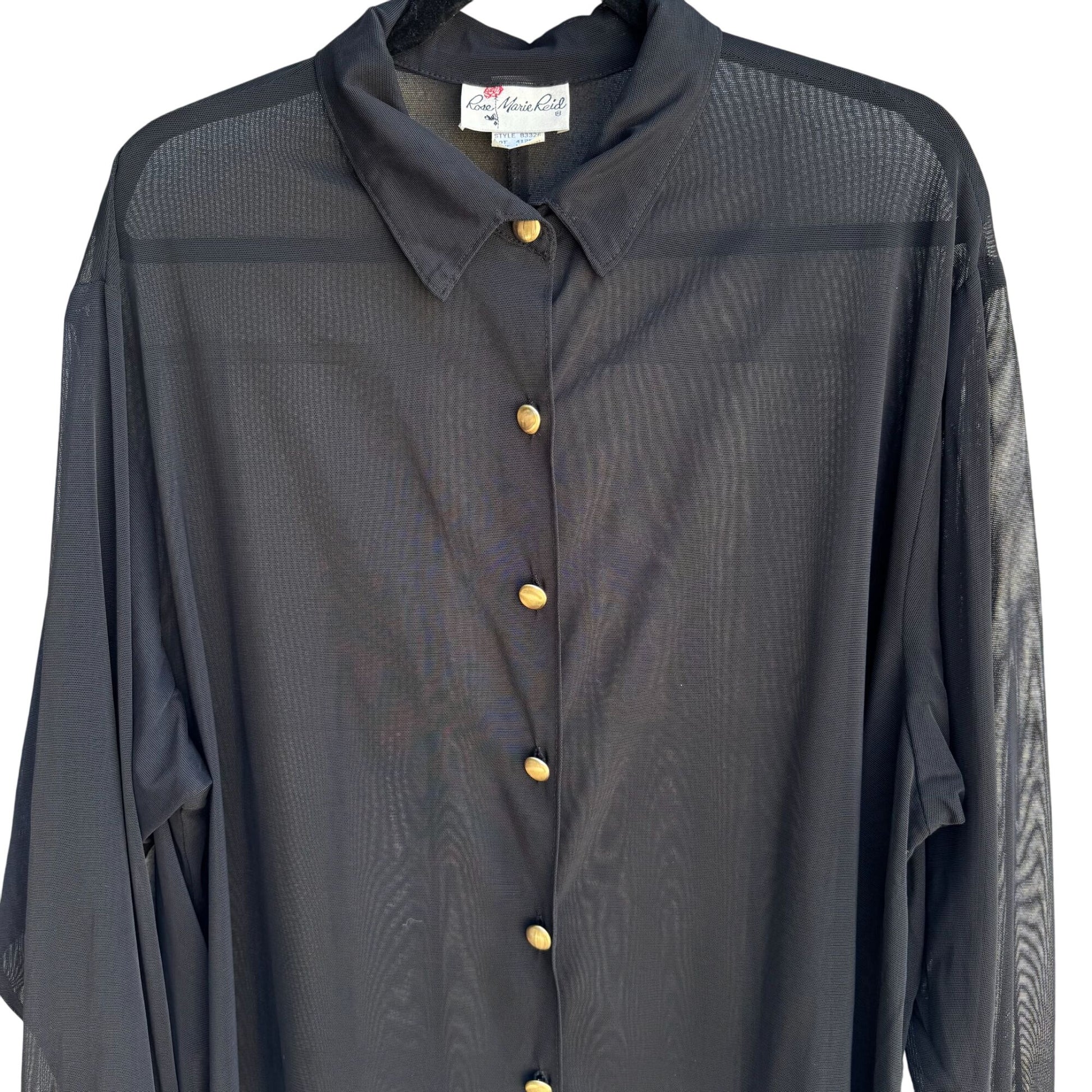 Rose Marie Reid Vintage Womens Black Glam Goth Sheer Button-Up Shirt Blouse L