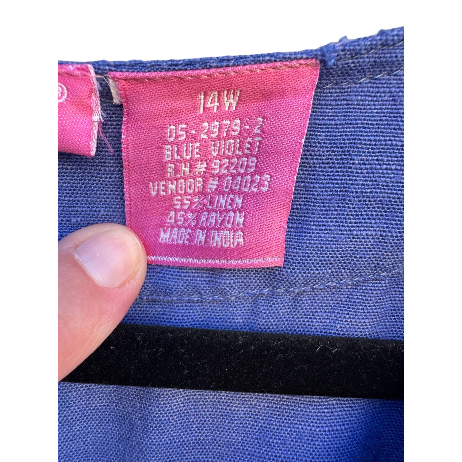 Woman Within Vintage Linen Short Sleeve V-Neck Blue Knee Length Pocket Dress 14W