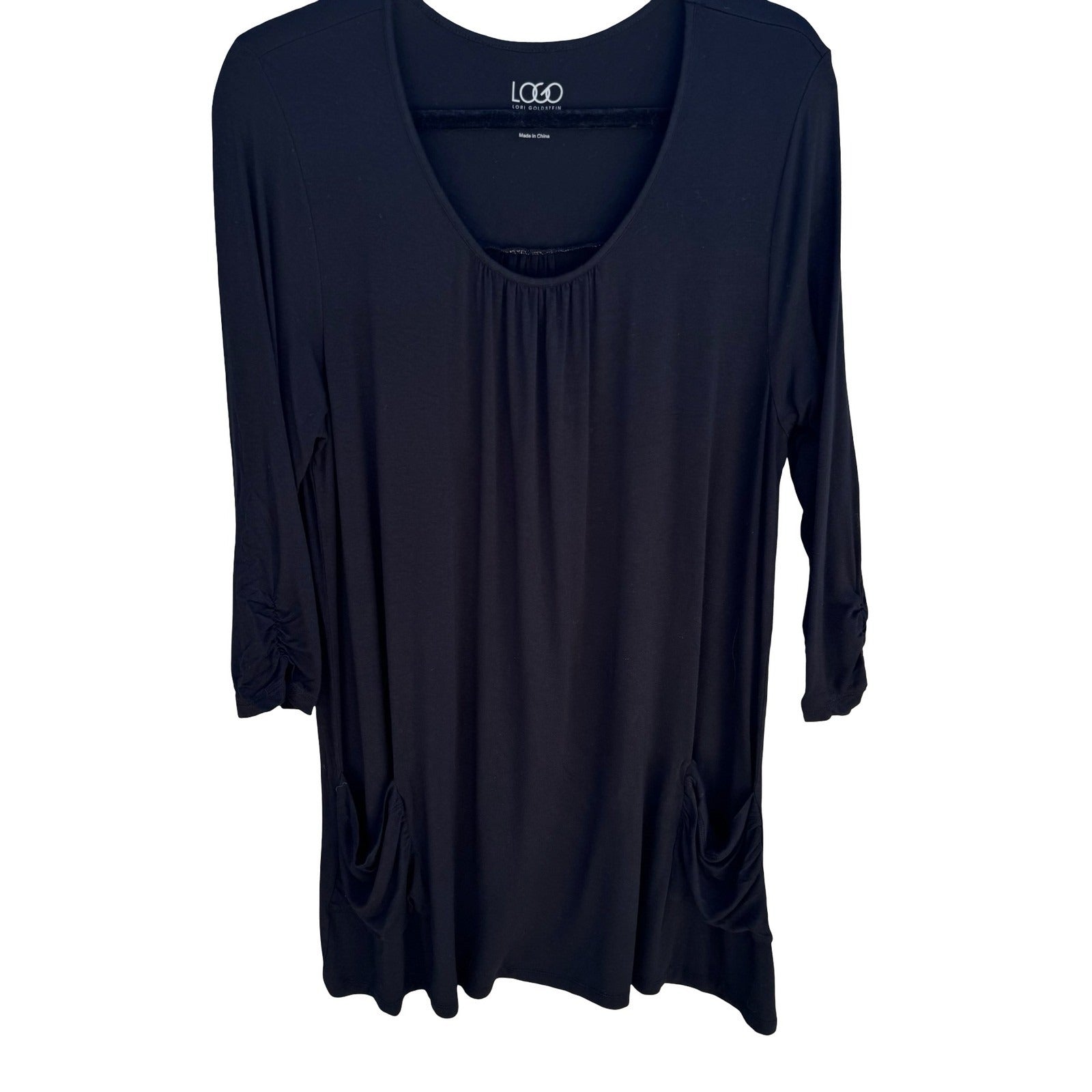 LOGO Lori Goldstein Black Tunic Top Large 3/4 Sleeve Ruched Pockets Scoop Neck