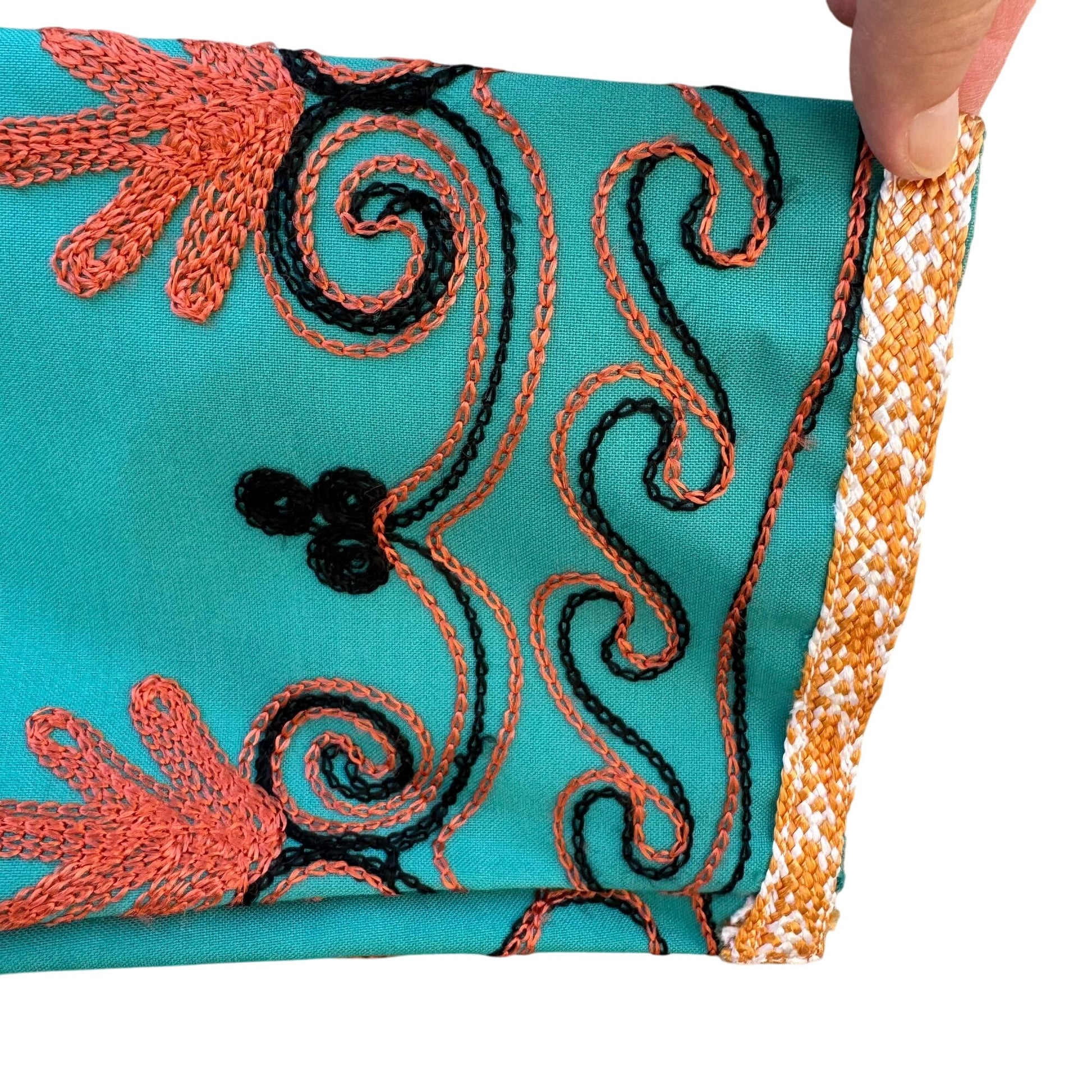 Handcrafted Vintage Womens Teal Embroidered 3/4 Sleeve Side Slit Full Button Top