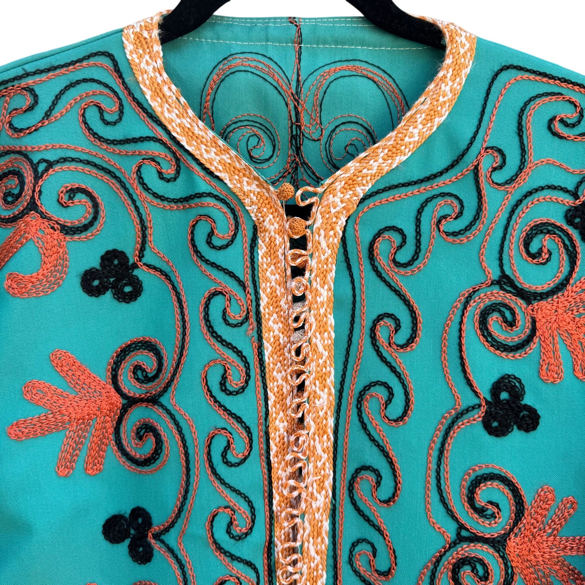 Handcrafted Vintage Womens Teal Embroidered 3/4 Sleeve Side Slit Full Button Top