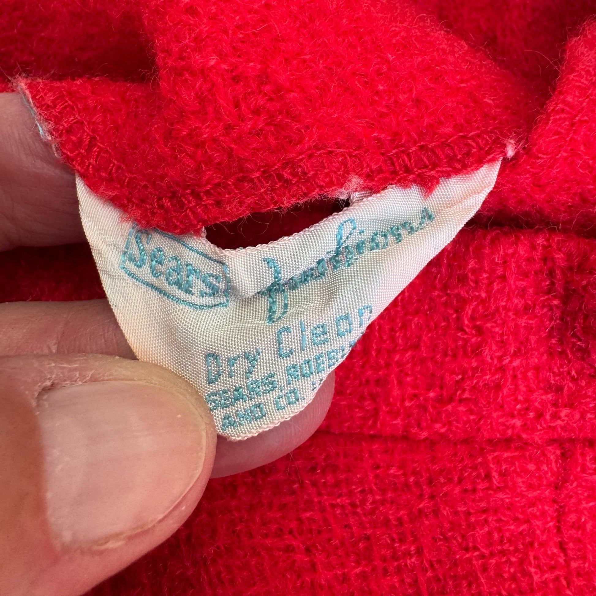 Sears Vintage 1960s Red Wool Suit Band Collar Back Zip Split Hem Top Skirt Set