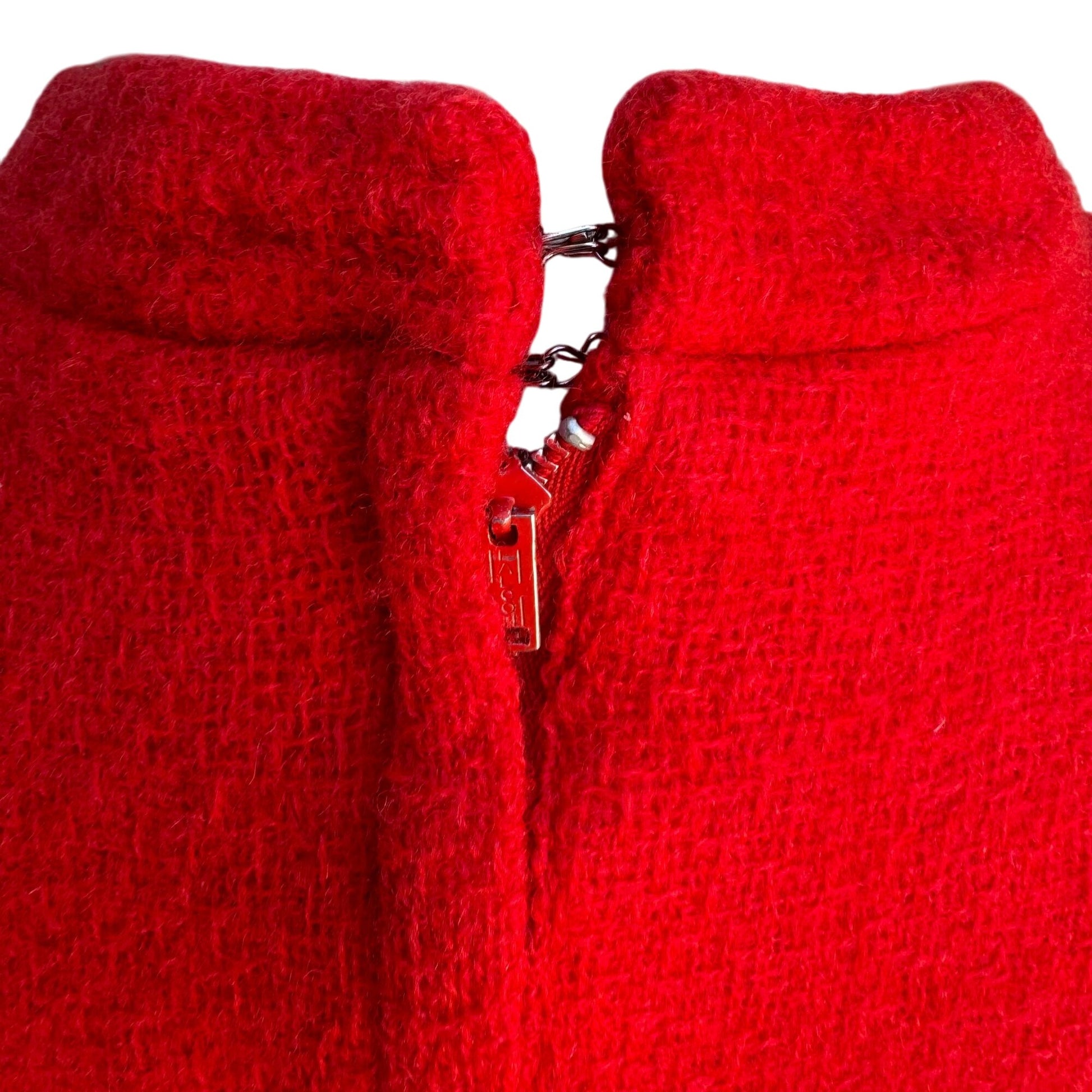 Sears Vintage 1960s Red Wool Suit Band Collar Back Zip Split Hem Top Skirt Set