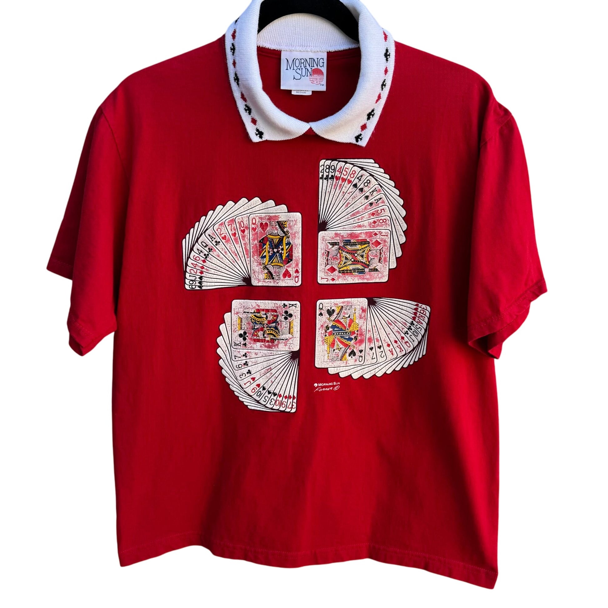 Morning Sun Vintage Poker Casino Red Playing Cards Print Polo Collar Shirt Top M