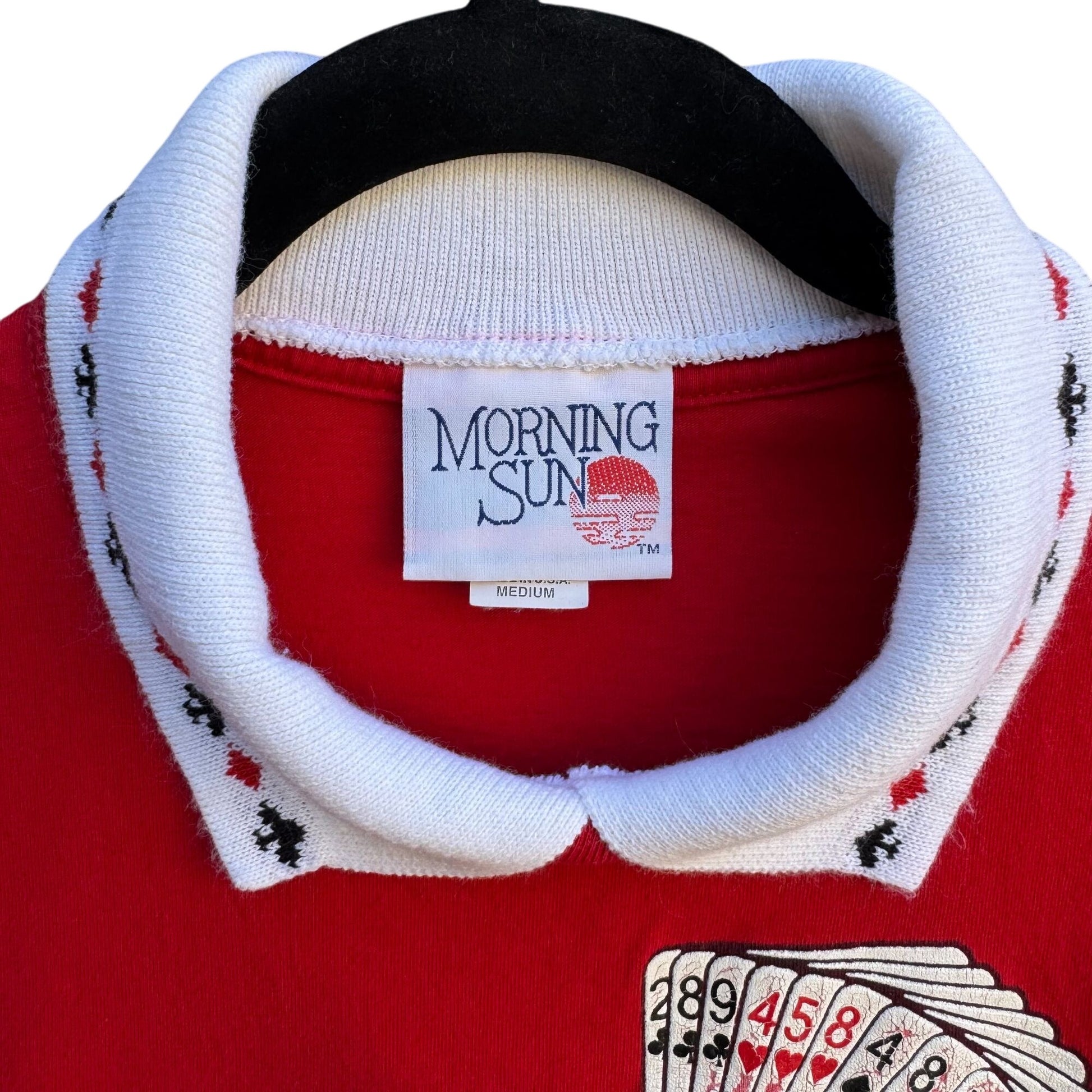 Morning Sun Vintage Poker Casino Red Playing Cards Print Polo Collar Shirt Top M