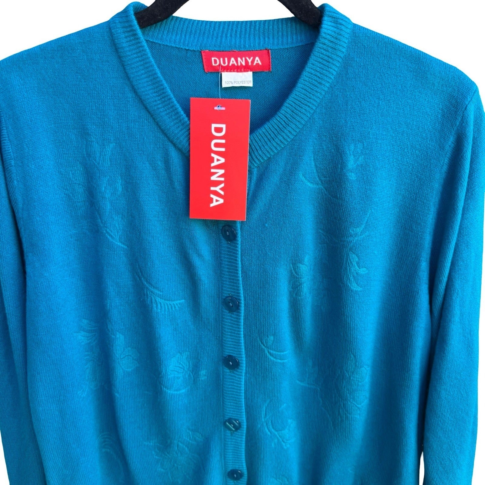 Duanya Turquoise Coastal Grandmacore Floral Jacquard Knit Cardigan Sweater L NWT
