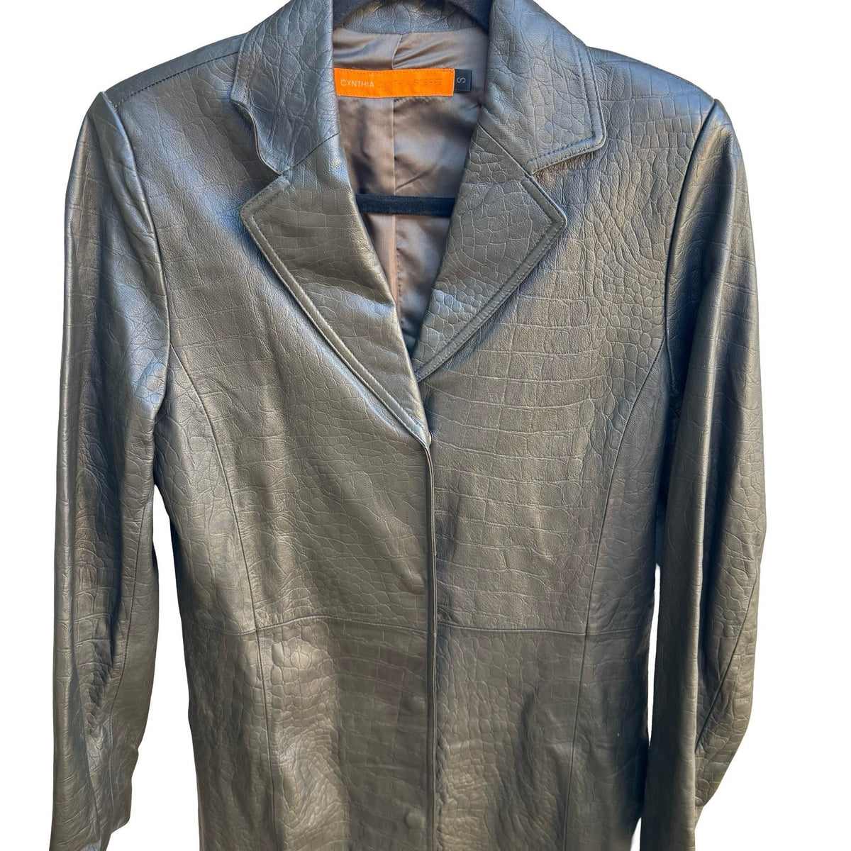 Cynthia Steffe Y2K Croc Embossed Leather Minimalist Goth Edgy Trench Coat Green