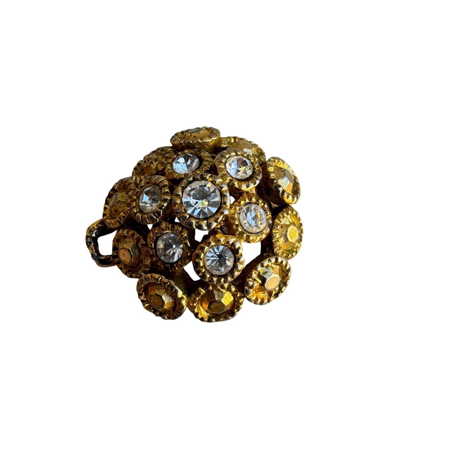 Vintage Gold Tone Rhinestone Cluster Dome Pendant Textured Floral Charm Brooch
