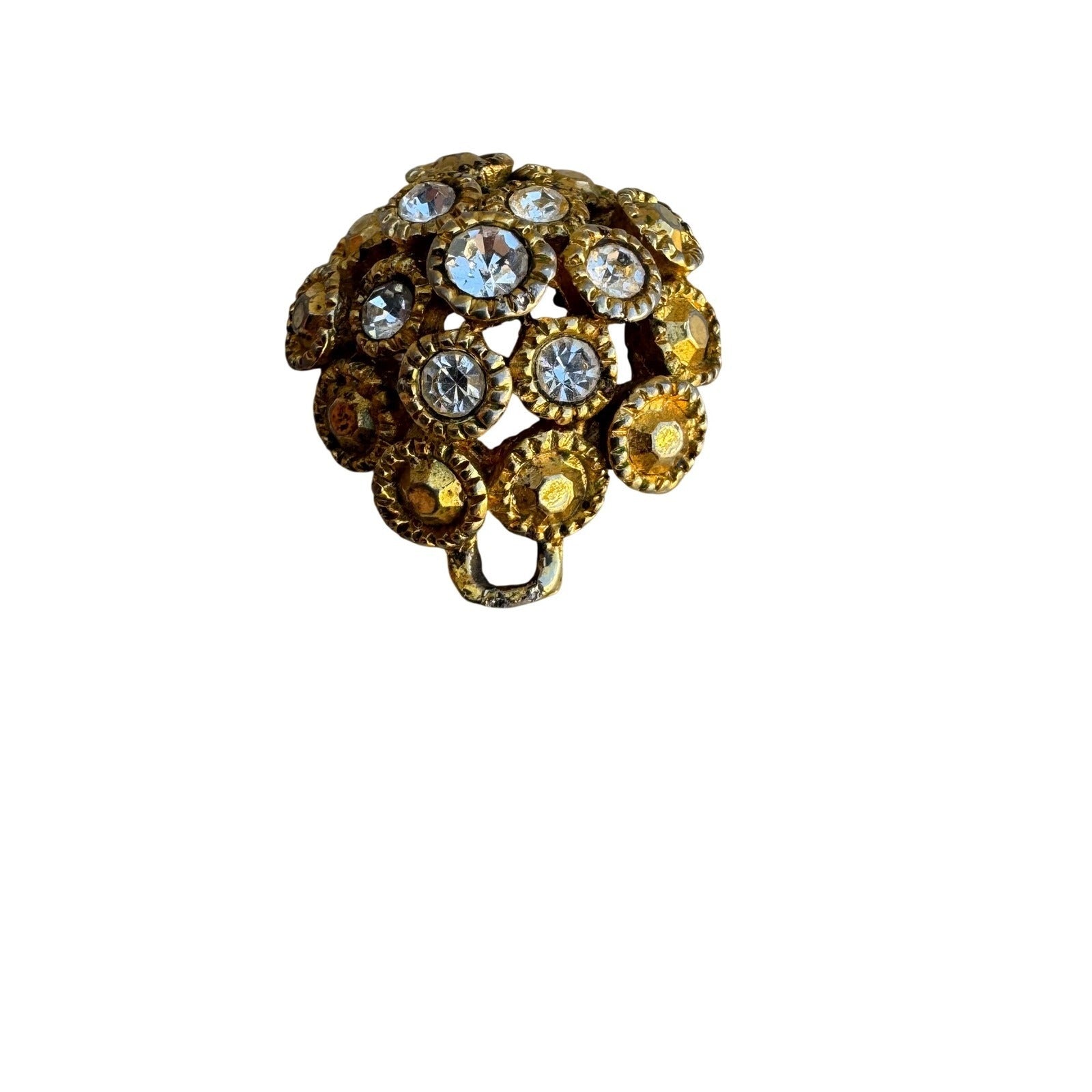 Vintage Gold Tone Rhinestone Cluster Dome Pendant Textured Floral Charm Brooch