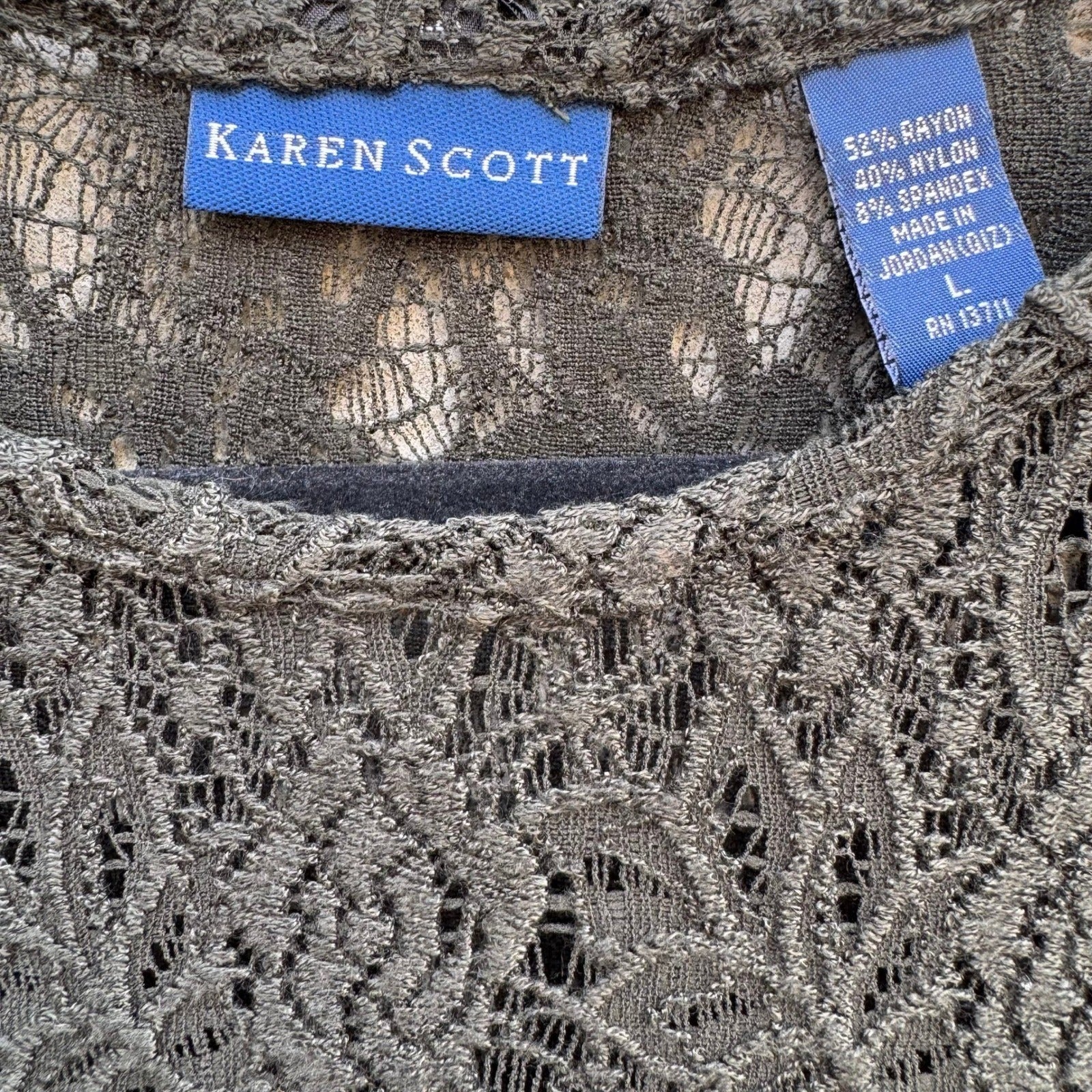 Karen Scott Vintage Womens Green Floral Lace Short Sleeve Crew Neck Top Large