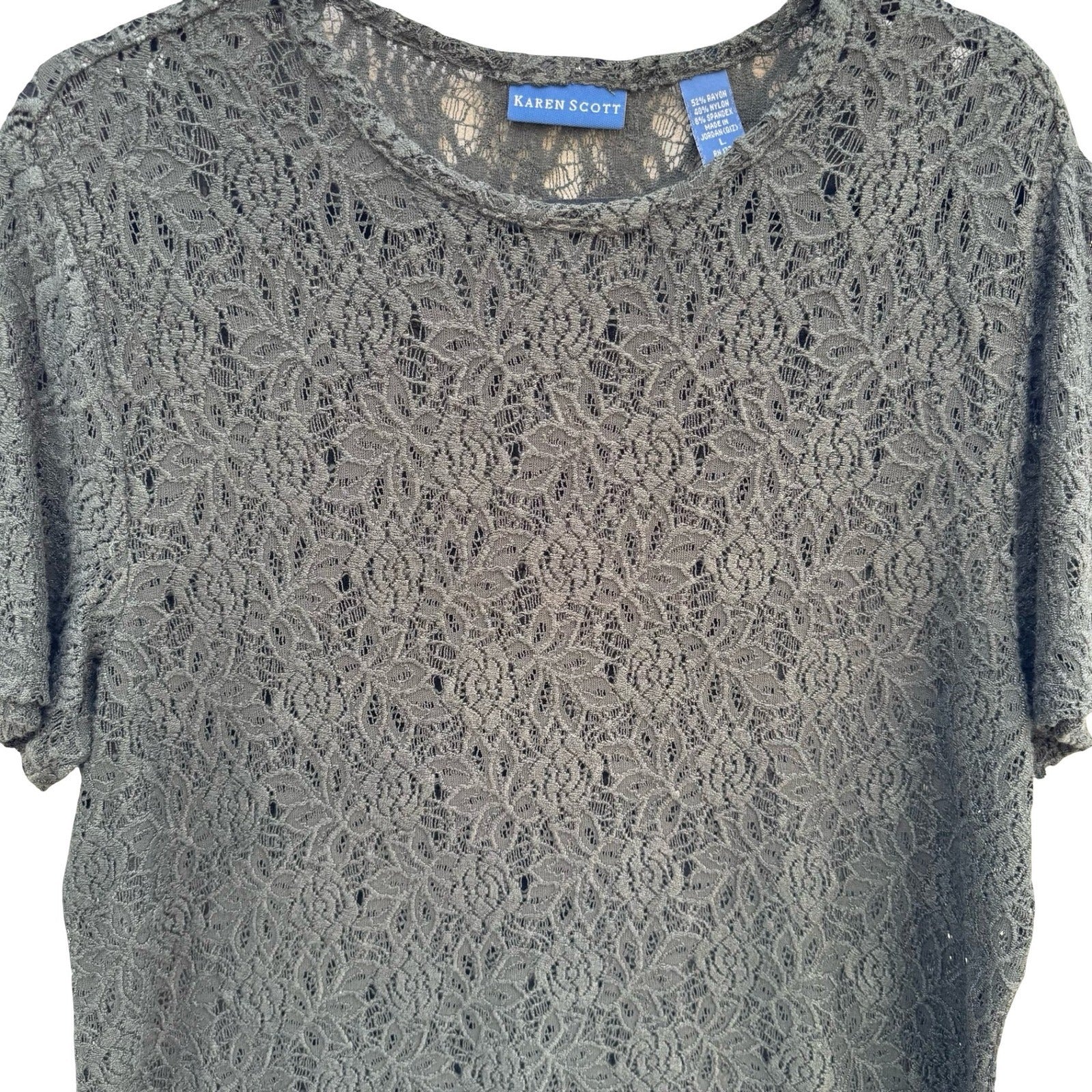 Karen Scott Vintage Womens Green Floral Lace Short Sleeve Crew Neck Top Large