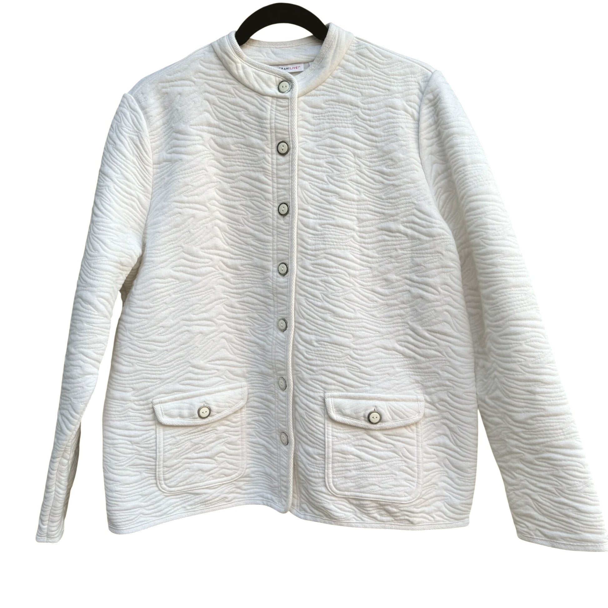 Isaac Mizrahi Live White Animal Texture Quilted Jacket Pockets Button-Up Front L