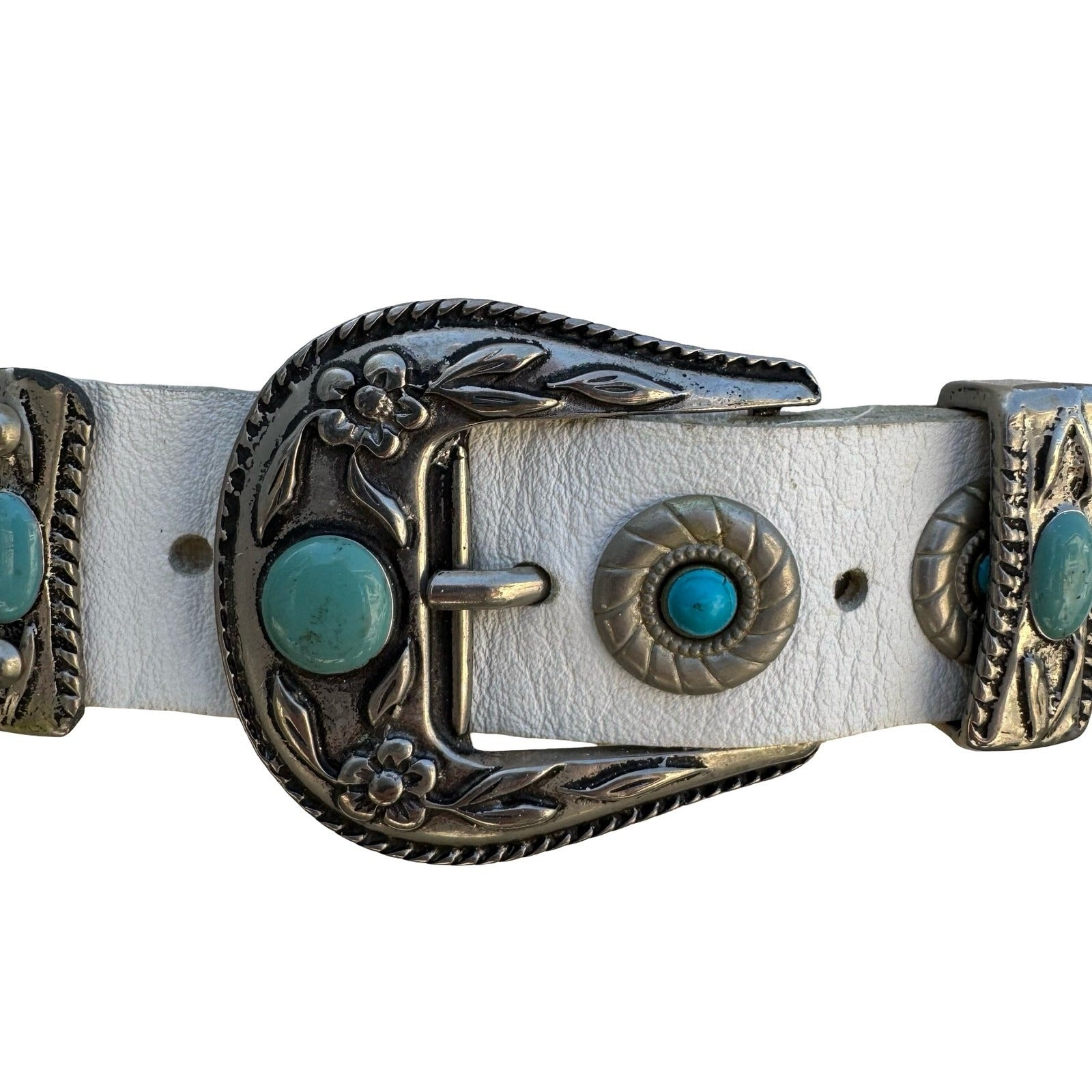 Lily Farouche Munich White Leather Western Belt Turquoise Silver Studded Concho