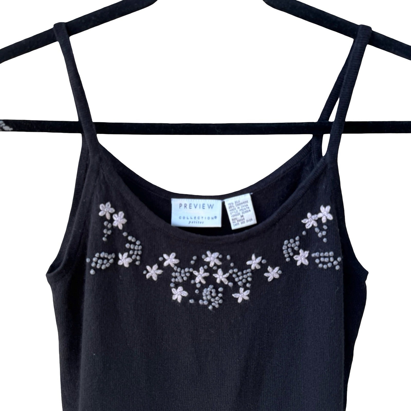 Preview Collection Coquette Black Silk Cashmere Floral Embroidered Cami Top M