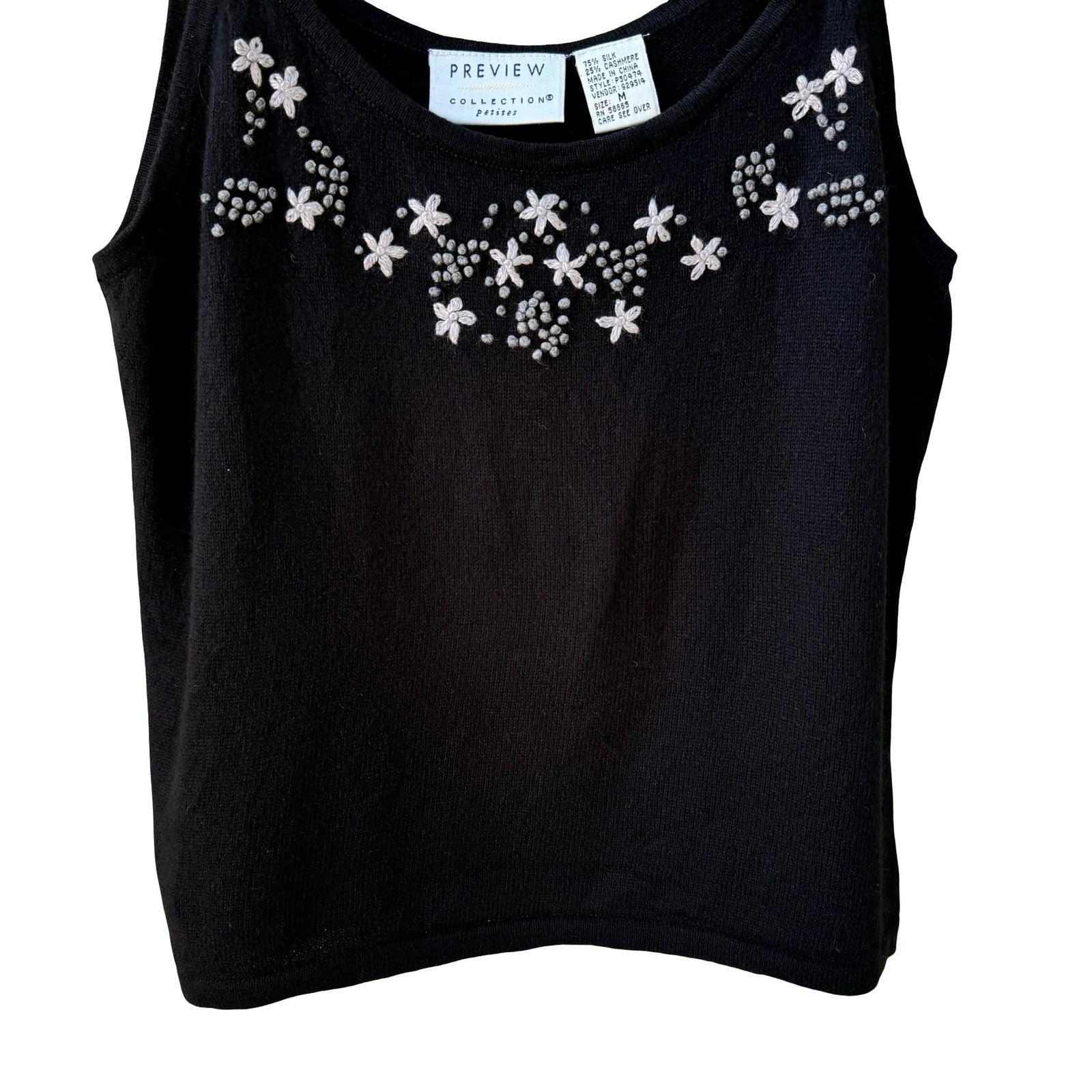 Preview Collection Coquette Black Silk Cashmere Floral Embroidered Cami Top M