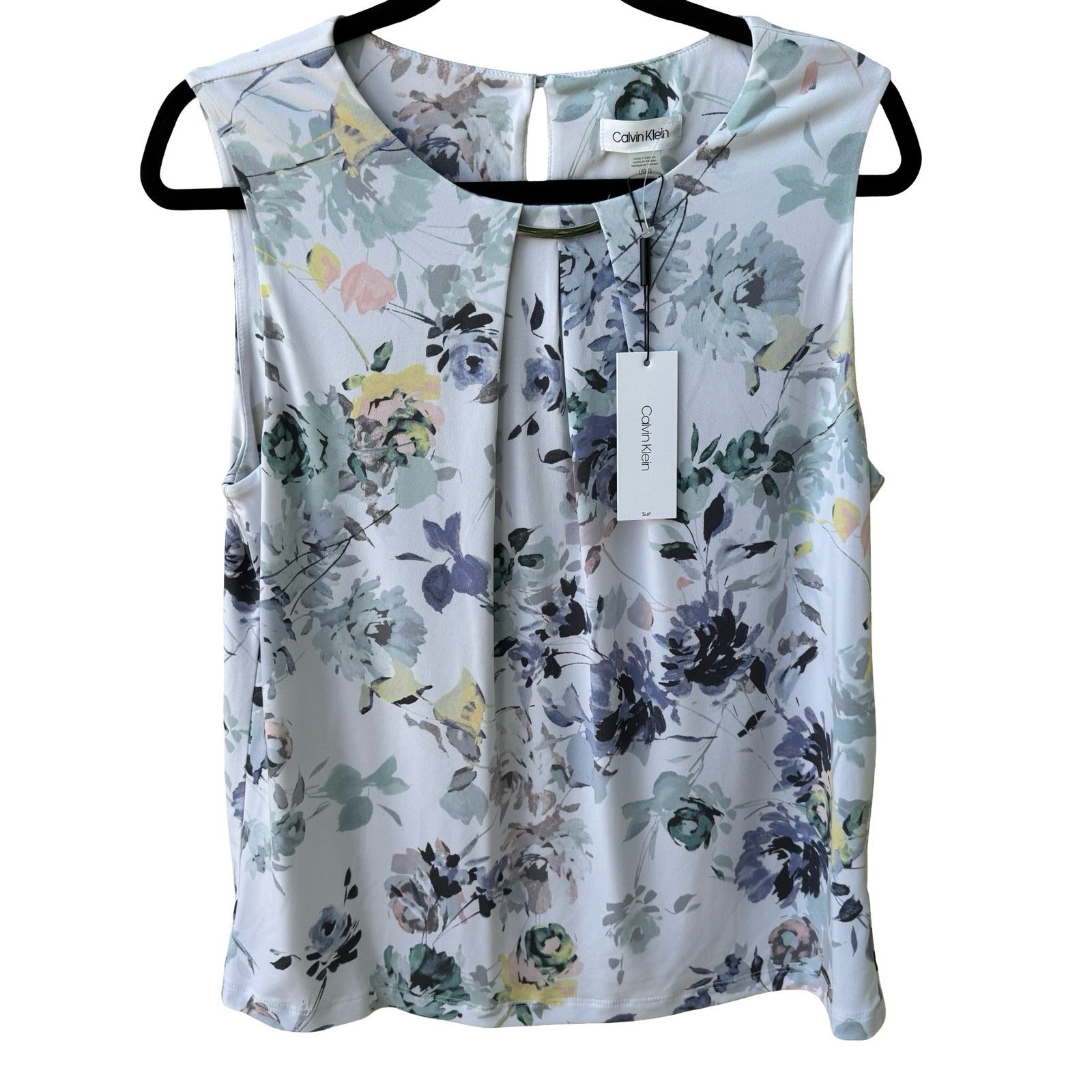 Calvin Klein Pastel Watercolor Floral Minimalist Sleeveless Pleated Shell Top L