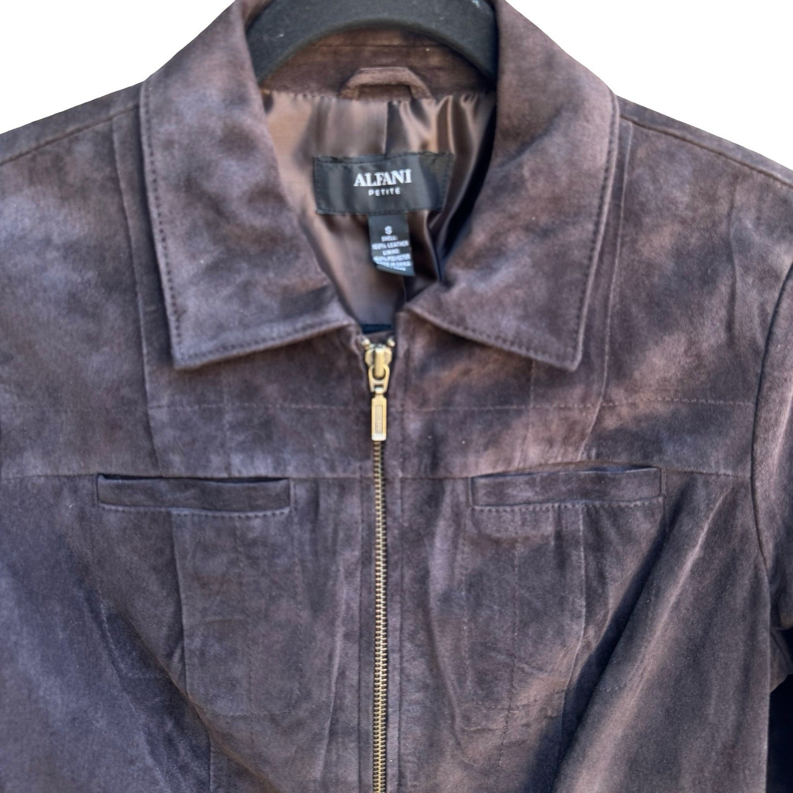 Alfani Suede Leather Minimalist Dark Academia Quiet Luxury Moto Jacket Brown S