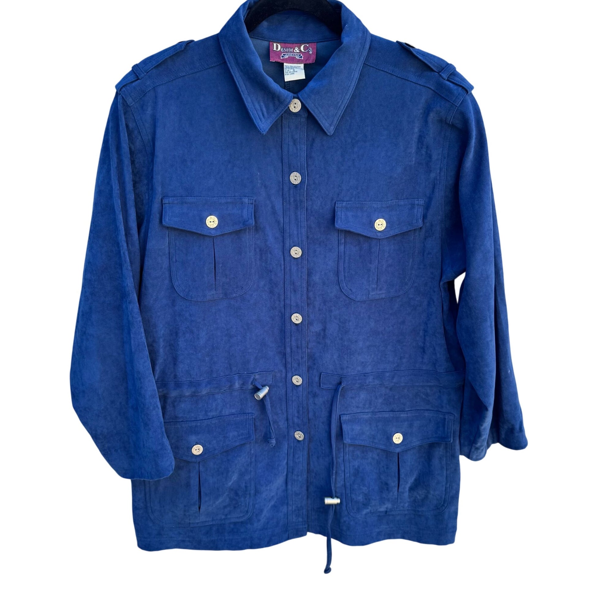 Denim & Co Vintage 80s Womens Blue Faux Suede Barn Chore Utility Work Jacket S