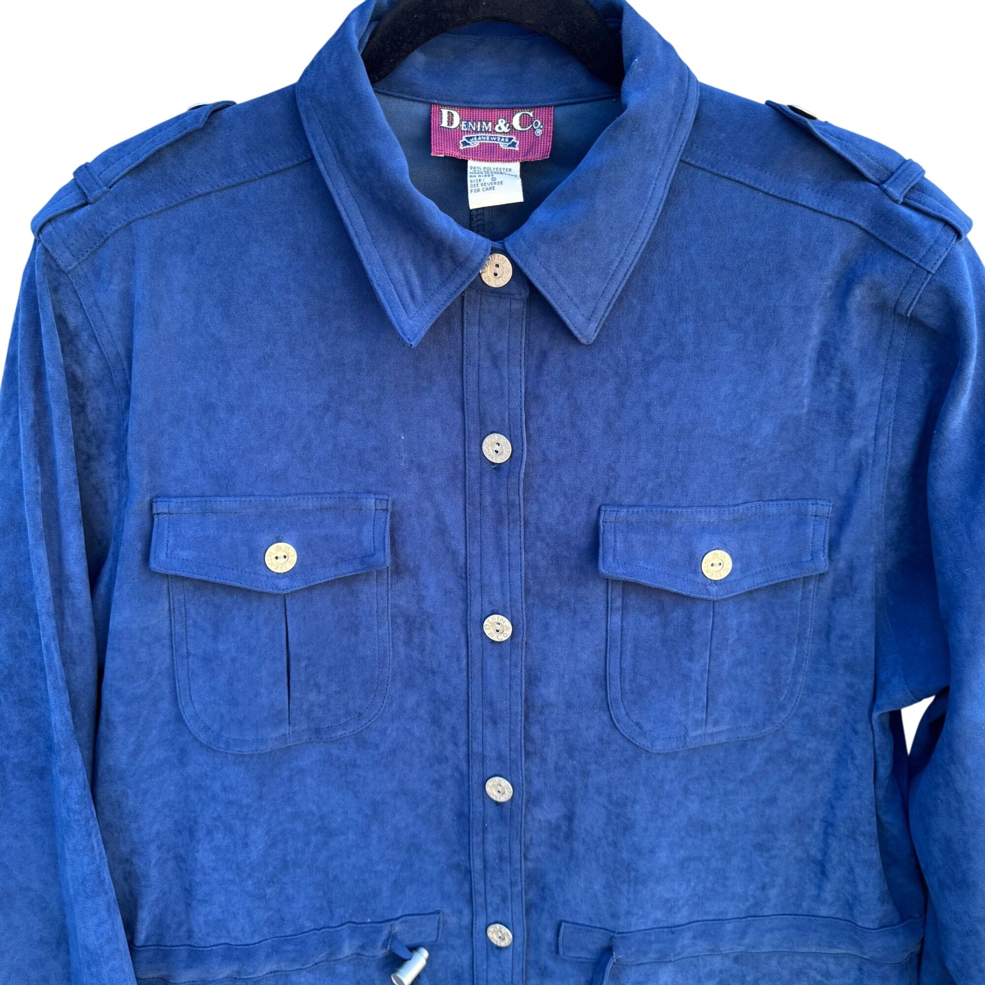 Denim & Co Vintage 80s Womens Blue Faux Suede Barn Chore Utility Work Jacket S