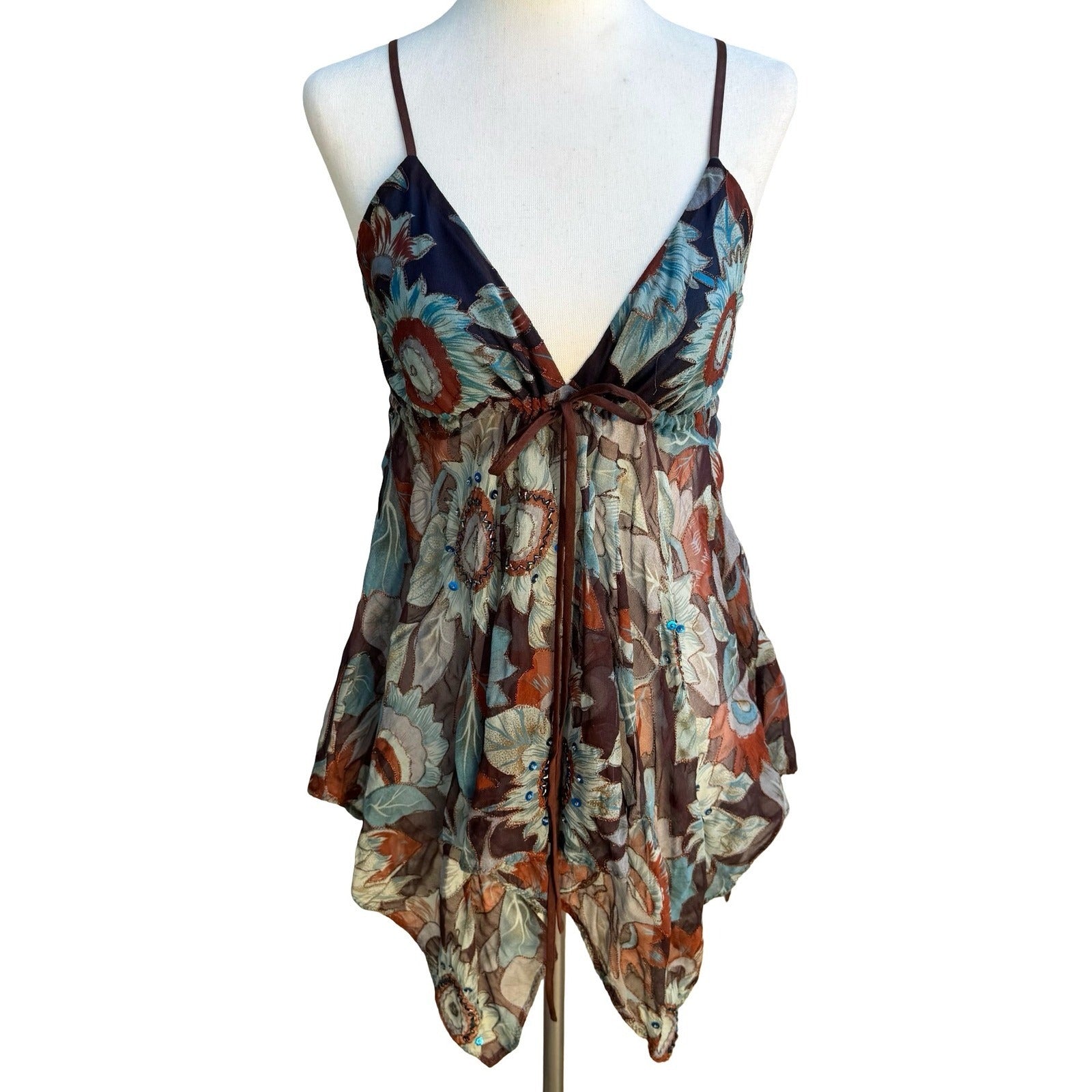Anna Paul Y2K Silk Boho Fairycore Beaded Floral Handkerchief Hem Camisole Top S