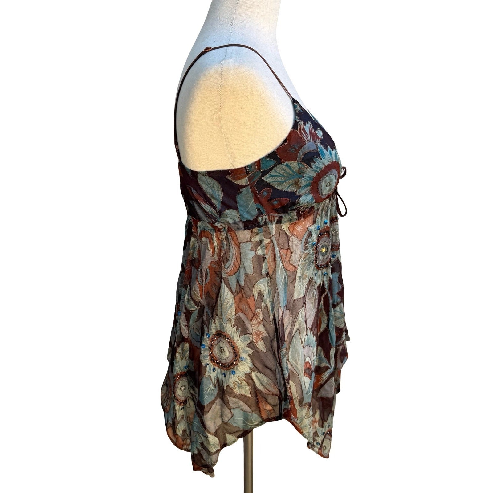 Anna Paul Y2K Silk Boho Fairycore Beaded Floral Handkerchief Hem Camisole Top S