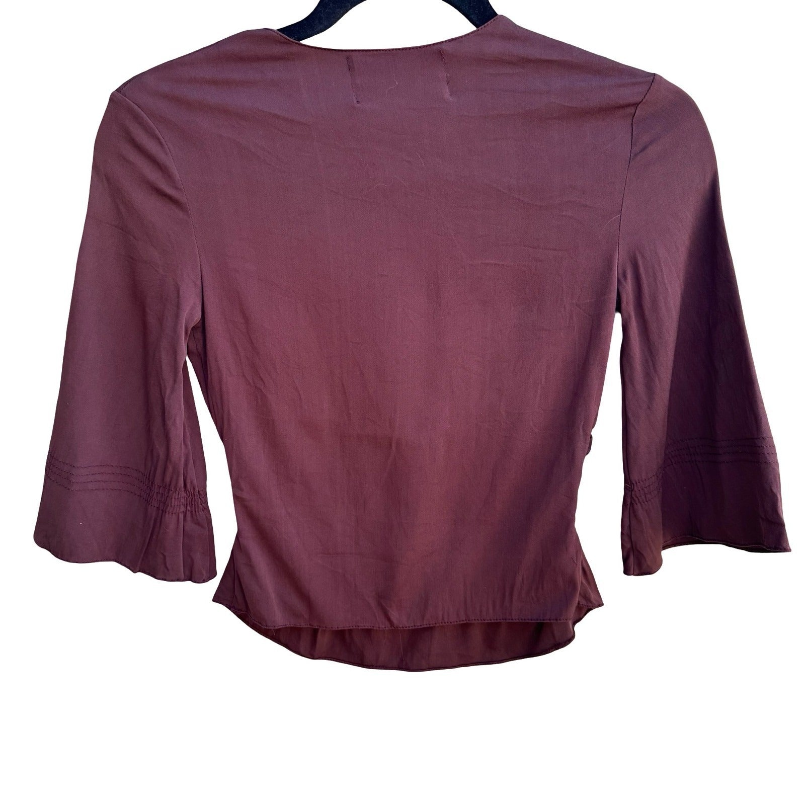 SANTISIMA Y2K Silk Boho Whimsigoth Smocked Peplum 3/4 Bell Sleeve Blouse Brown